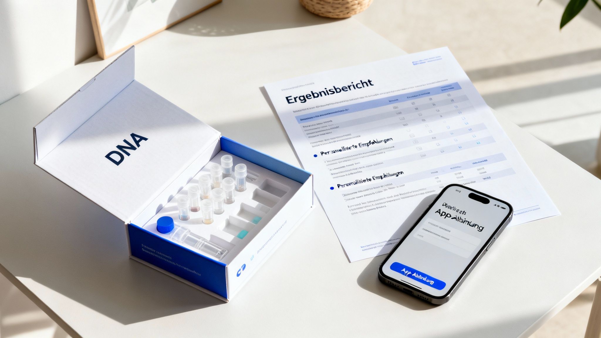 Ein DNA-Testkit, ein Ergebnisbericht und ein Smartphone liegen auf einem weißen Tisch.