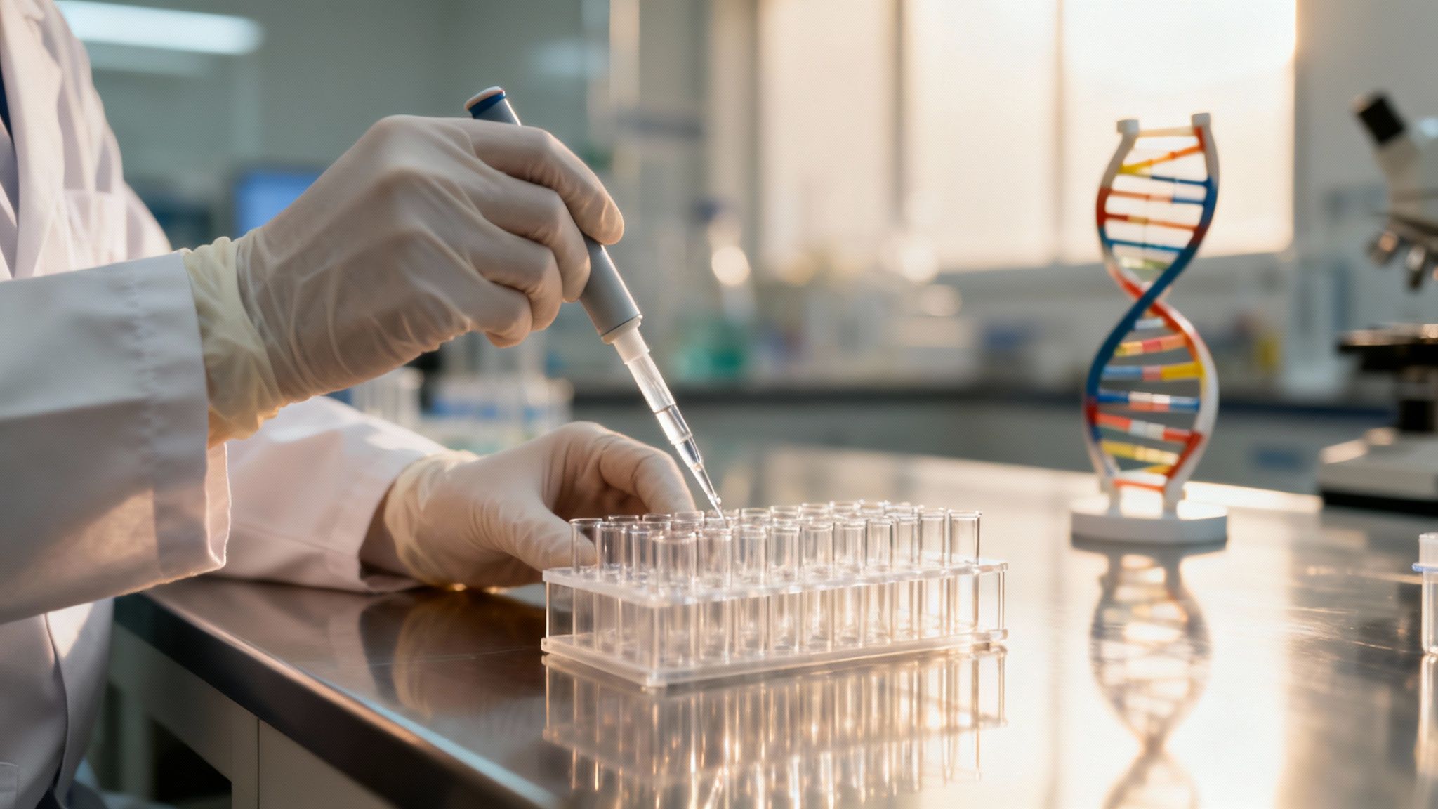 Nahaufnahme eines Wissenschaftlers in weißen Handschuhen, der Flüssigkeit mit einer Pipette in Reagenzgläser überführt, mit DNA-Modell im Hintergrund.