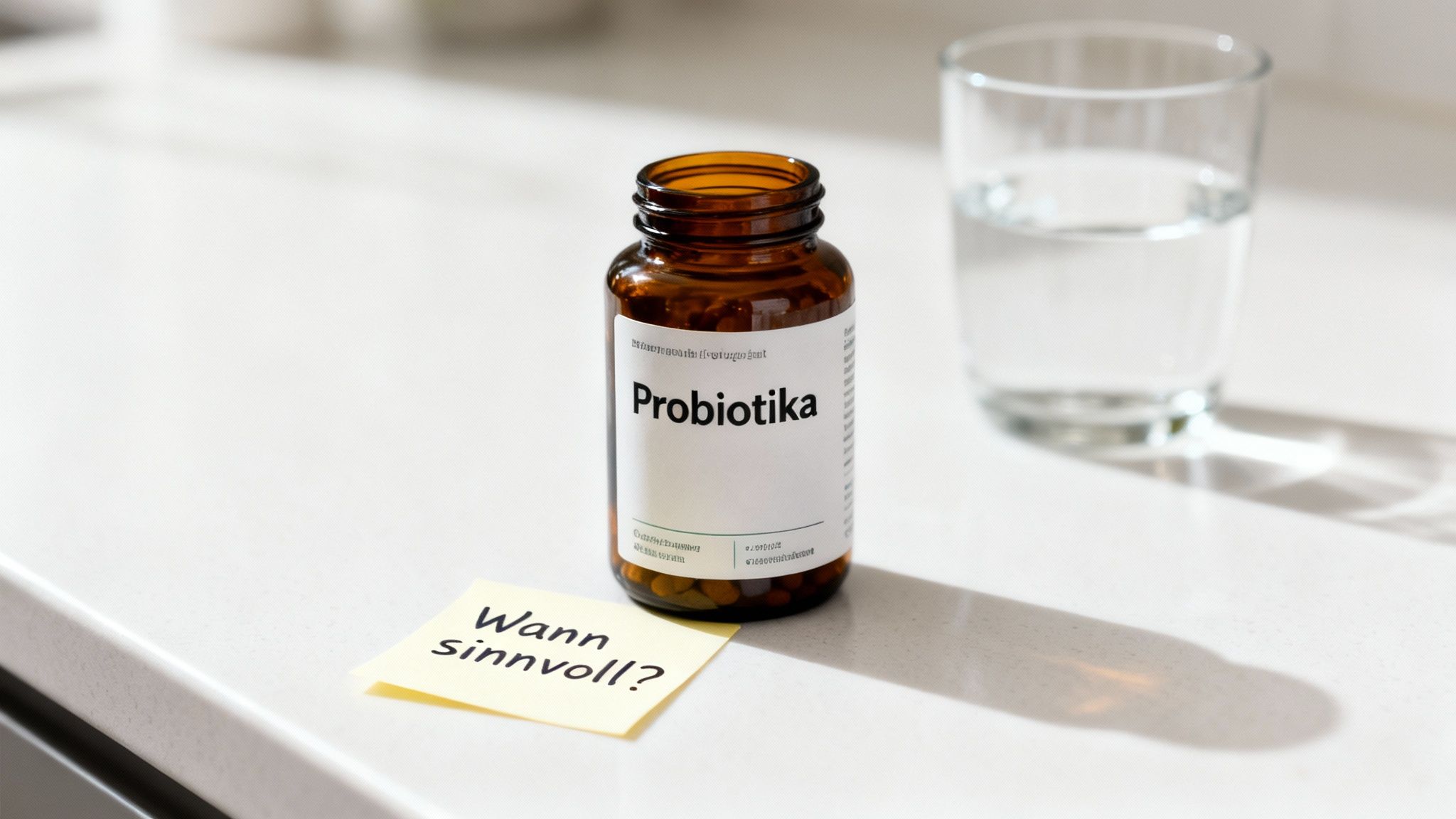Braune Probiotika-Flasche, Wasserglas und gelber Zettel mit der Frage 'Wann sinnvoll?' auf weißem Untergrund.
