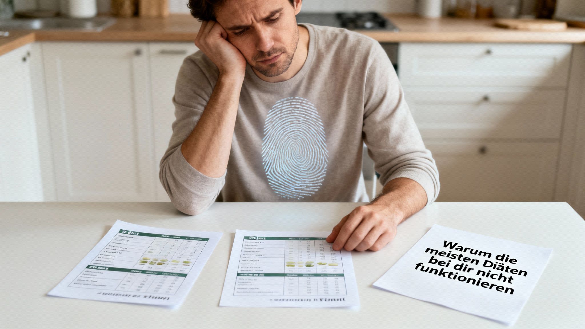 Enttäuschter Mann mit Fingerabdruck, betrachtet Diätpläne, fragt sich, warum sie nicht funktionieren.