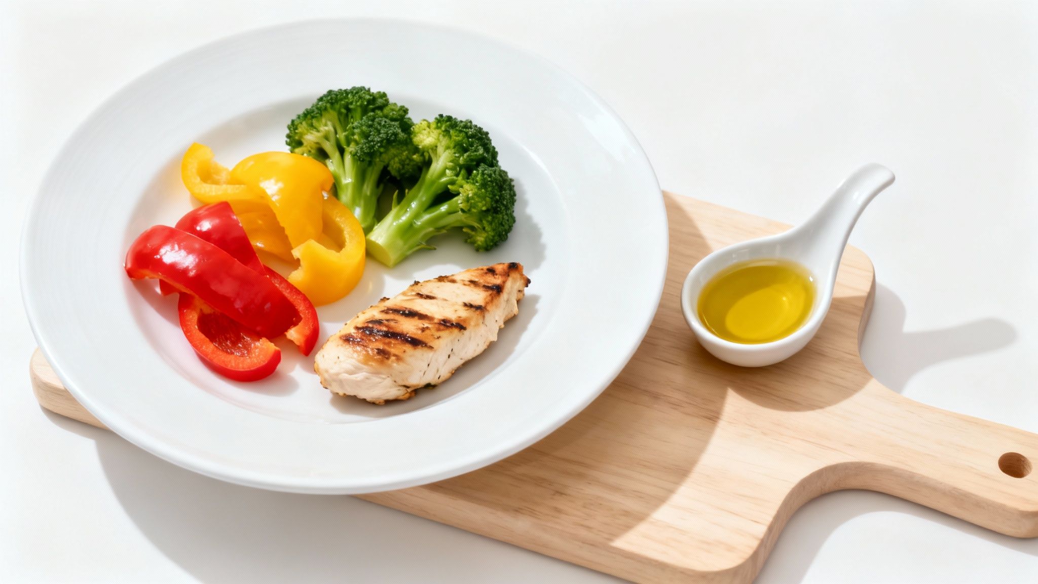 Gesunde Mahlzeit mit gegrillter Hähnchenbrust, Paprika, Brokkoli und Olivenöl auf weißem Teller.