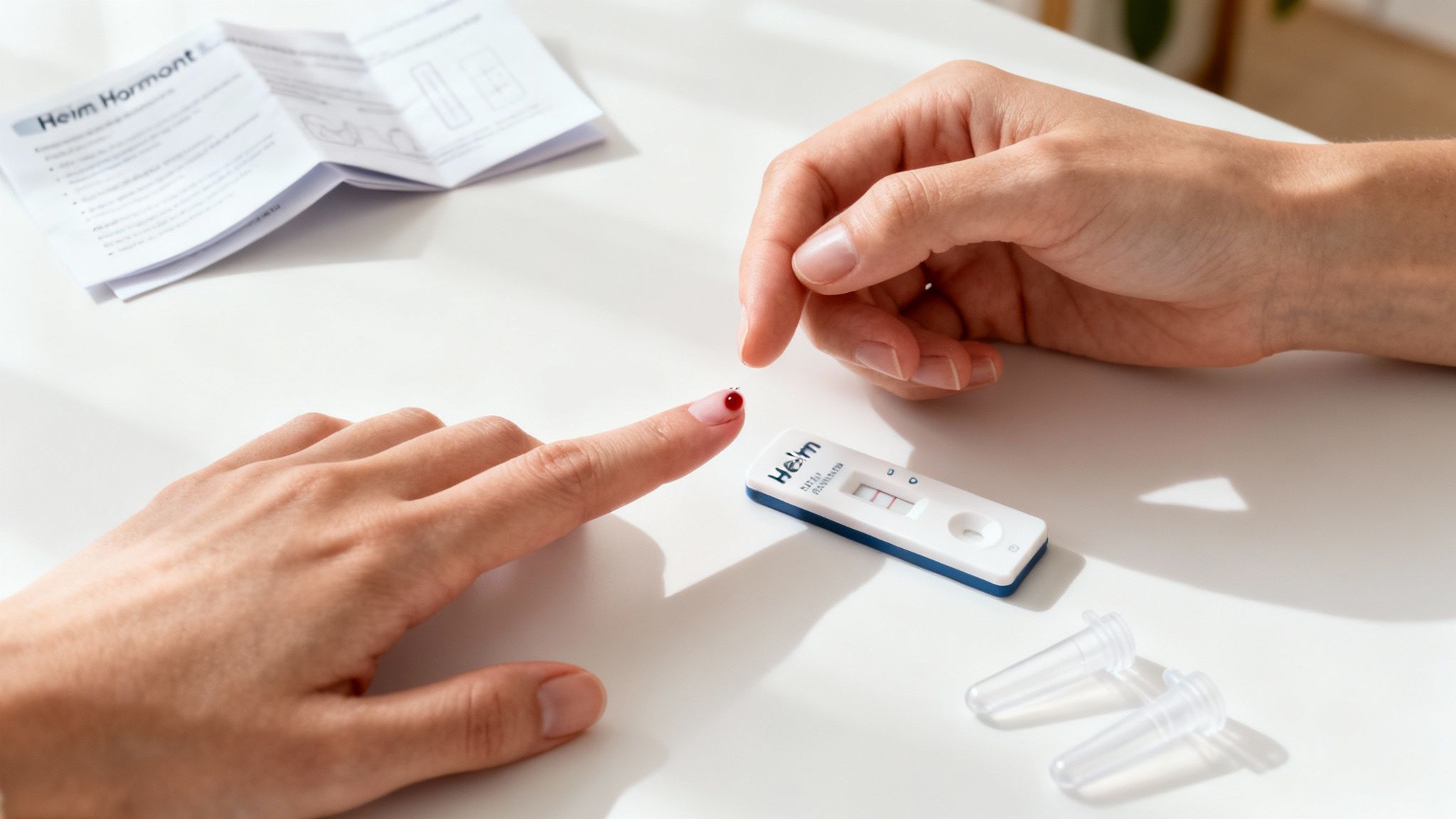 Person entnimmt Blutprobe für einen Heim Hormontest mit sichtbarem positivem Ergebnis und Anleitung.