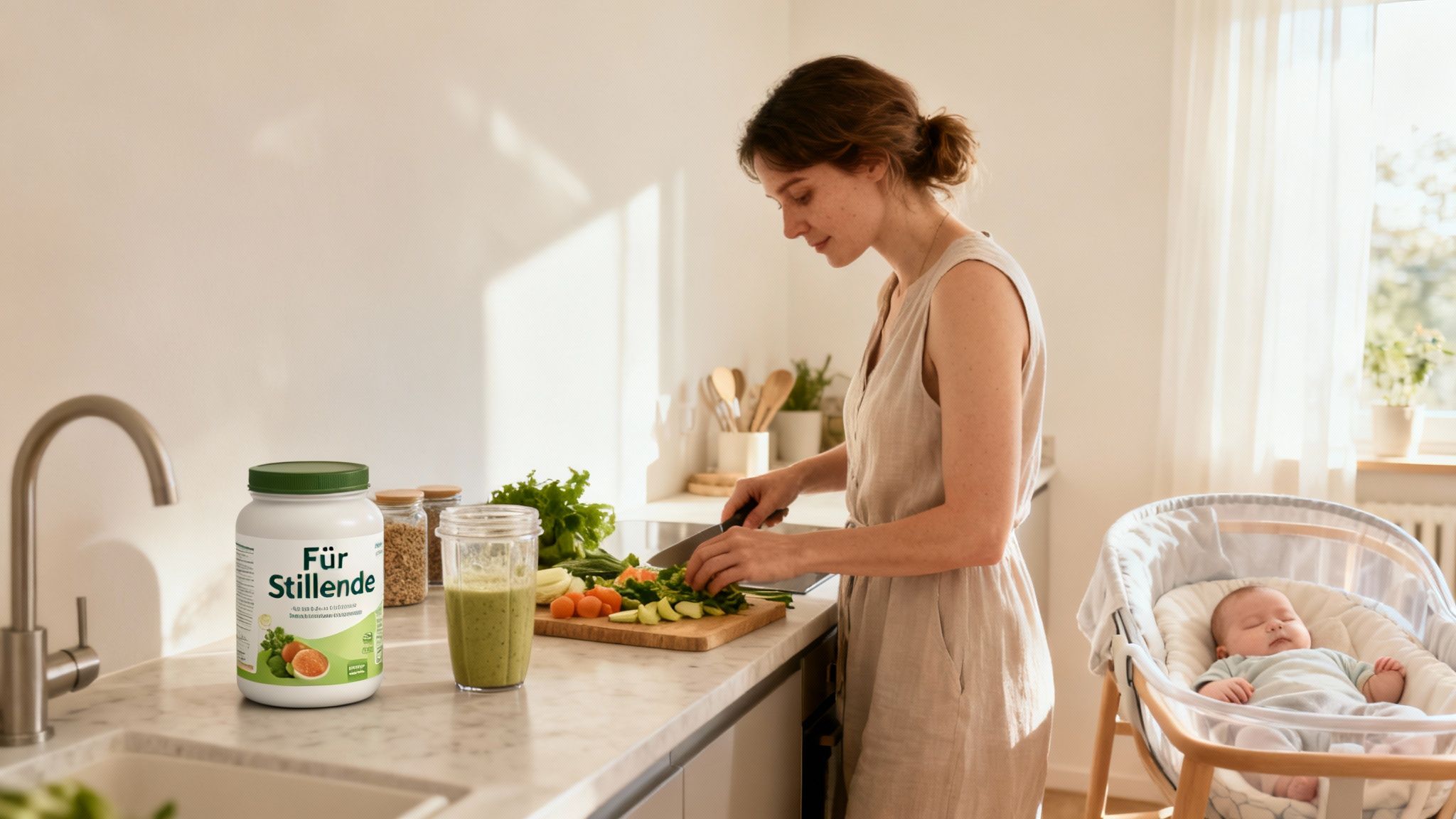 Eine stillende Mutter kocht in der Küche, ihr Baby schläft, mit 'Für Stillende' Produkt.