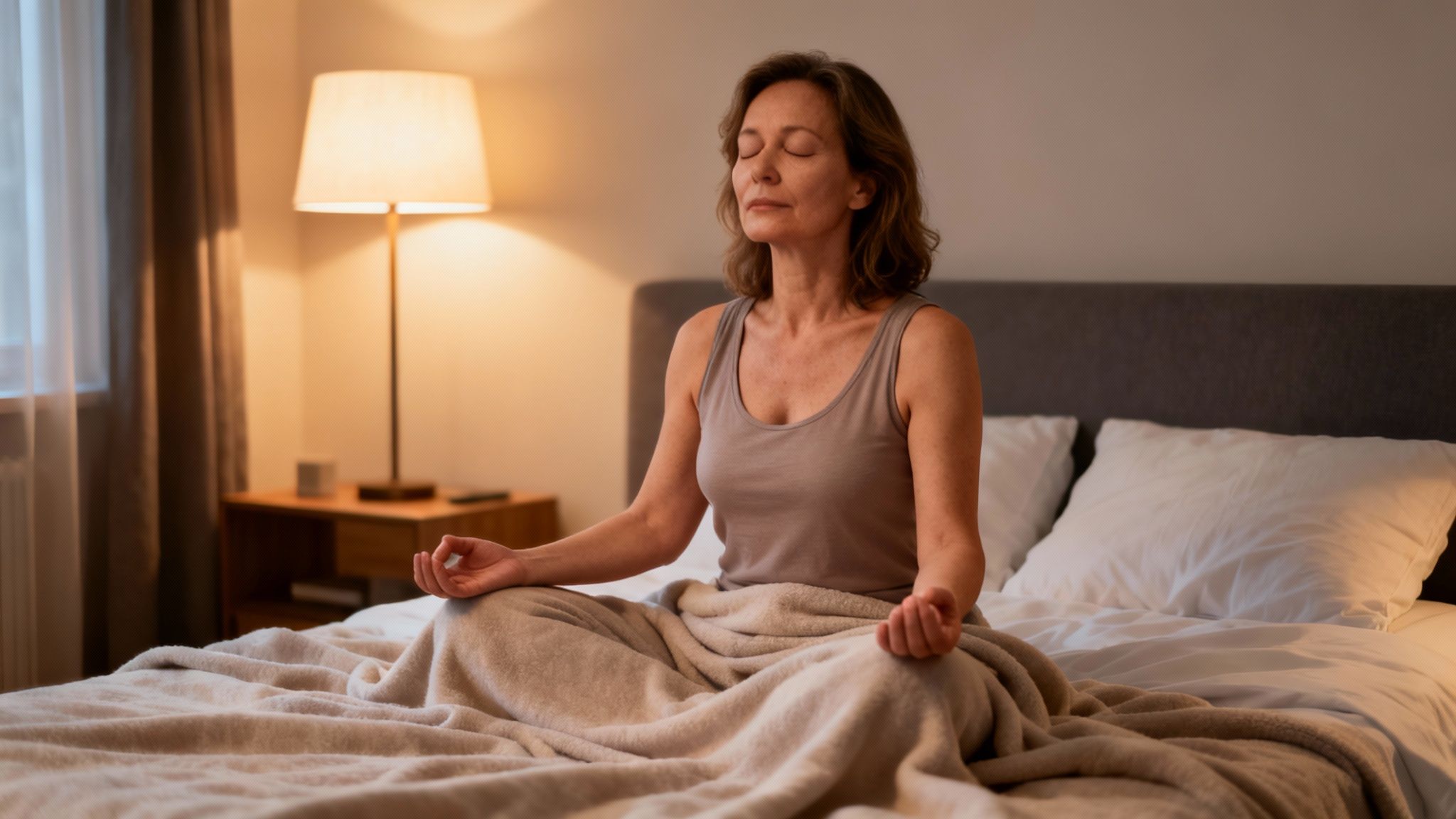 Reife Frau meditiert entspannt auf dem Bett, bedeckt mit einer Decke, im warm beleuchteten Schlafzimmer.