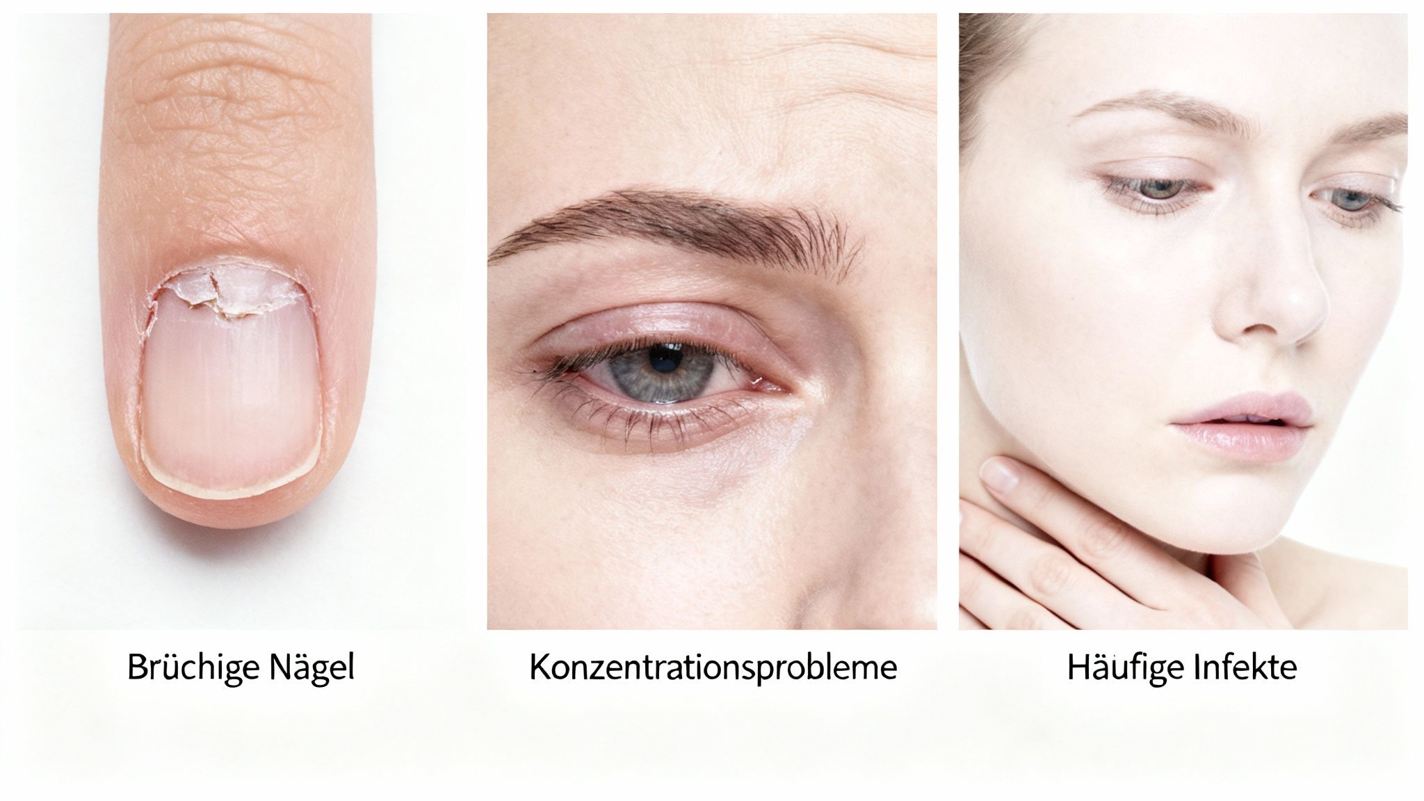 Drei Bilder zeigen Symptome: brüchige Nägel, Konzentrationsprobleme und häufige Infekte als mögliche Anzeichen.
