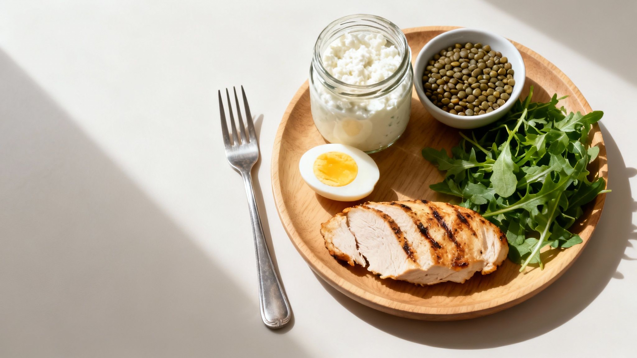 Eine Schüssel mit gesundem Essen, reich an Proteinen und Gemüse, als Symbol für die richtige Ernährung, um den Stoffwechsel anzukurbeln.