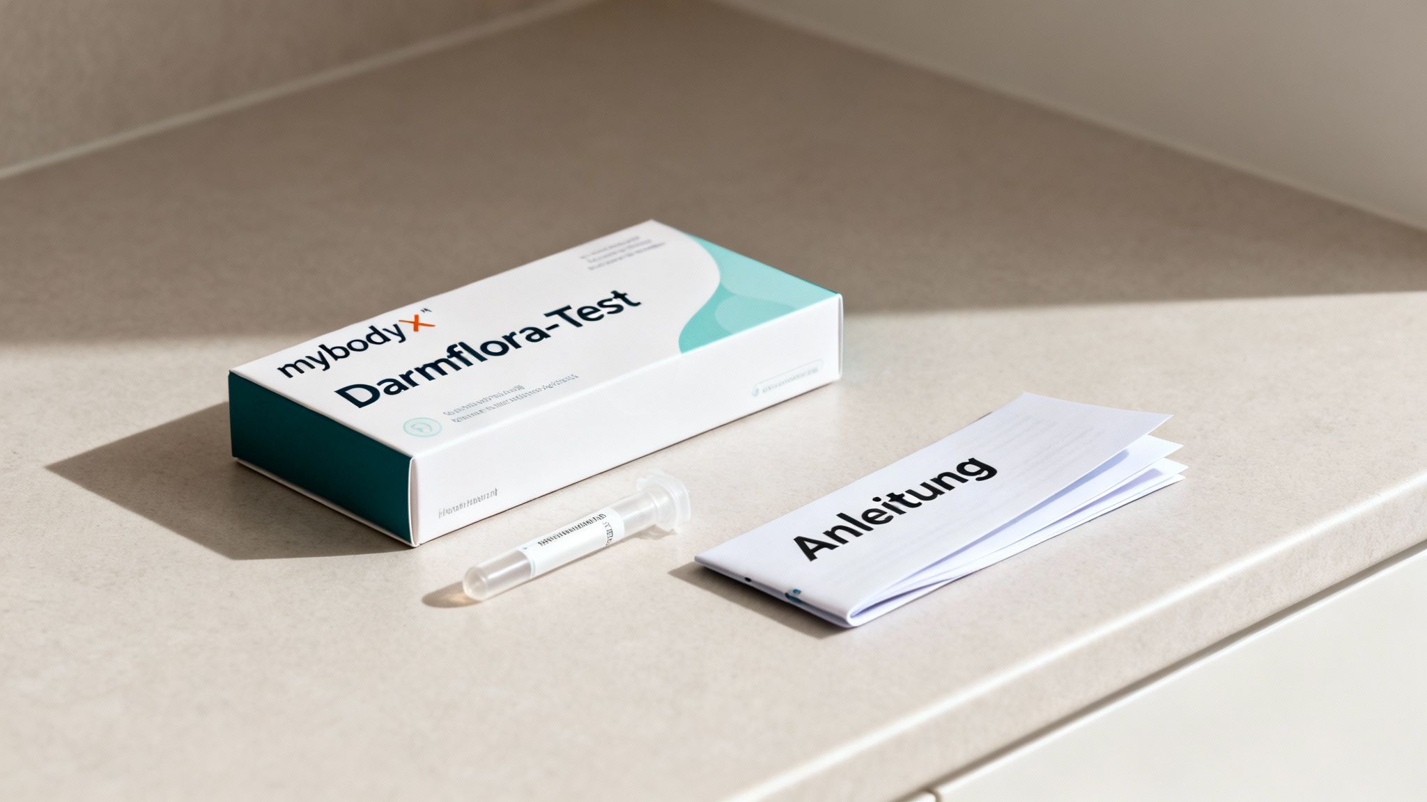 Ein mybodyX Darmflora-Test-Kit, bestehend aus Box, Probenröhrchen und einer Anleitung, liegt auf einer hellen Oberfläche.