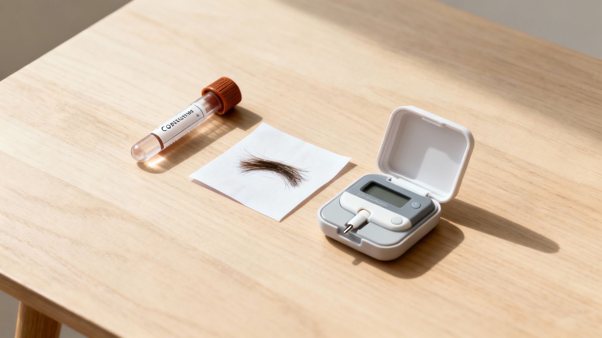 Cortisol-Messung zu Hause: Teströhrchen, Haarprobe und tragbares Analysegerät auf hellem Holztisch.
