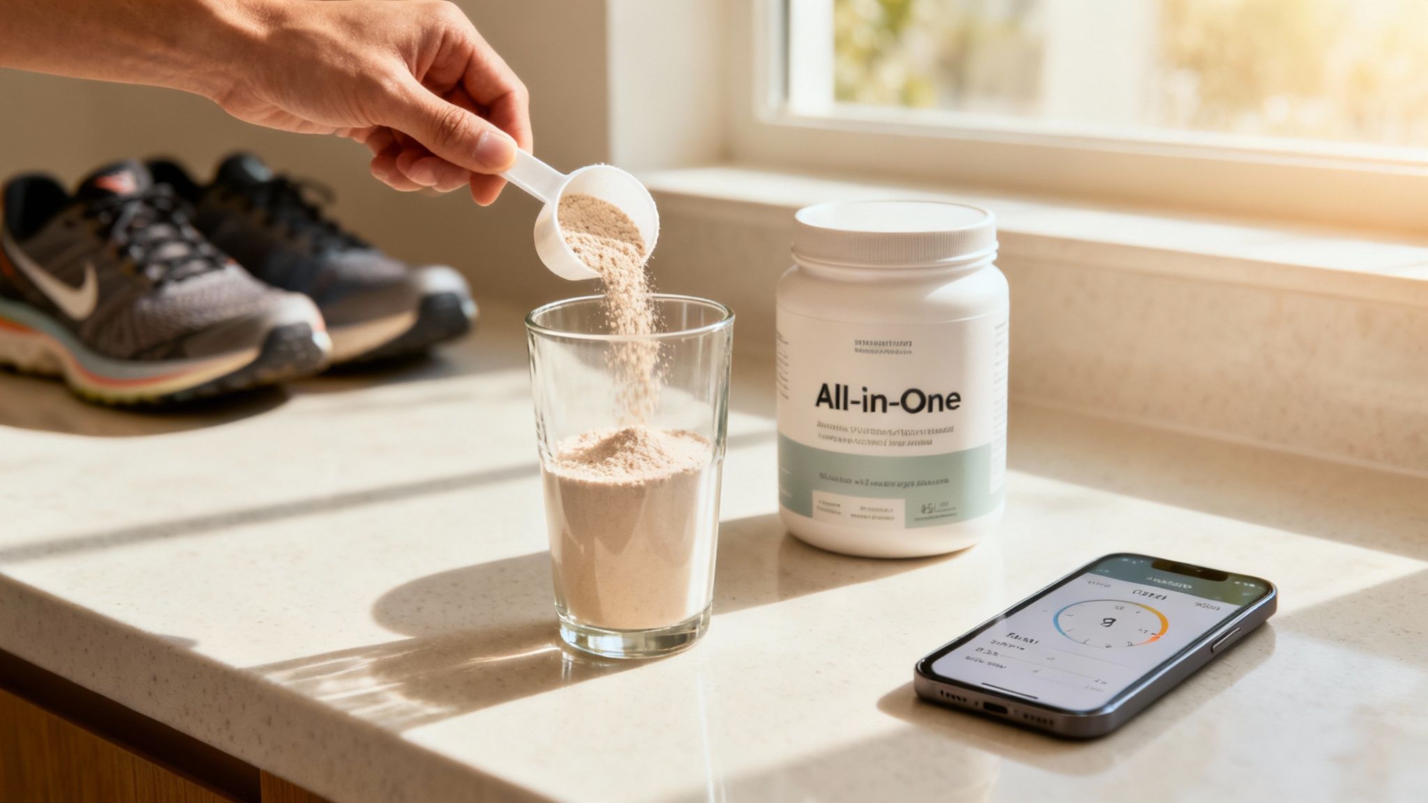 Eine Person bereitet einen gesunden Shake in der Küche zu