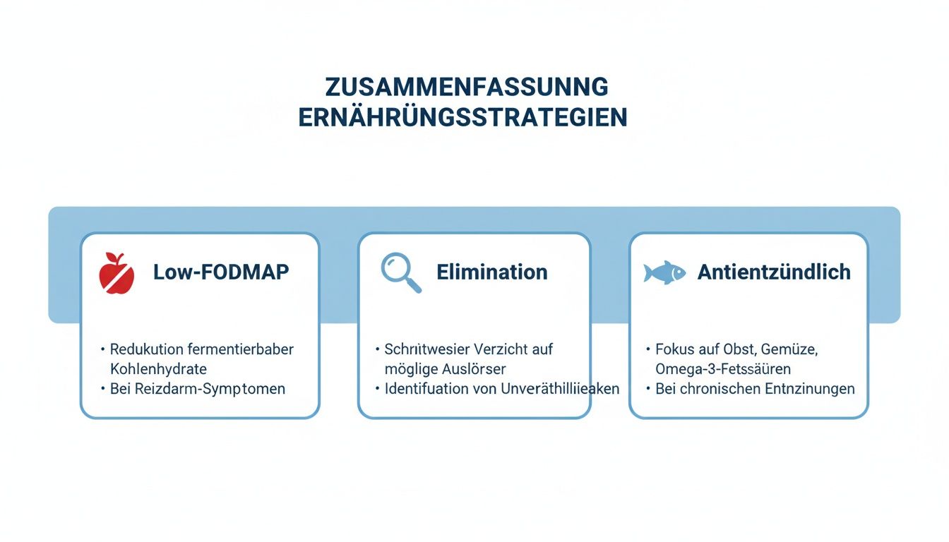 Übersicht von Ernährungsstrategien: Low-FODMAP, Eliminationsdiät und antientzündliche Ernährung zur Behandlung von Darmerkrankungen.