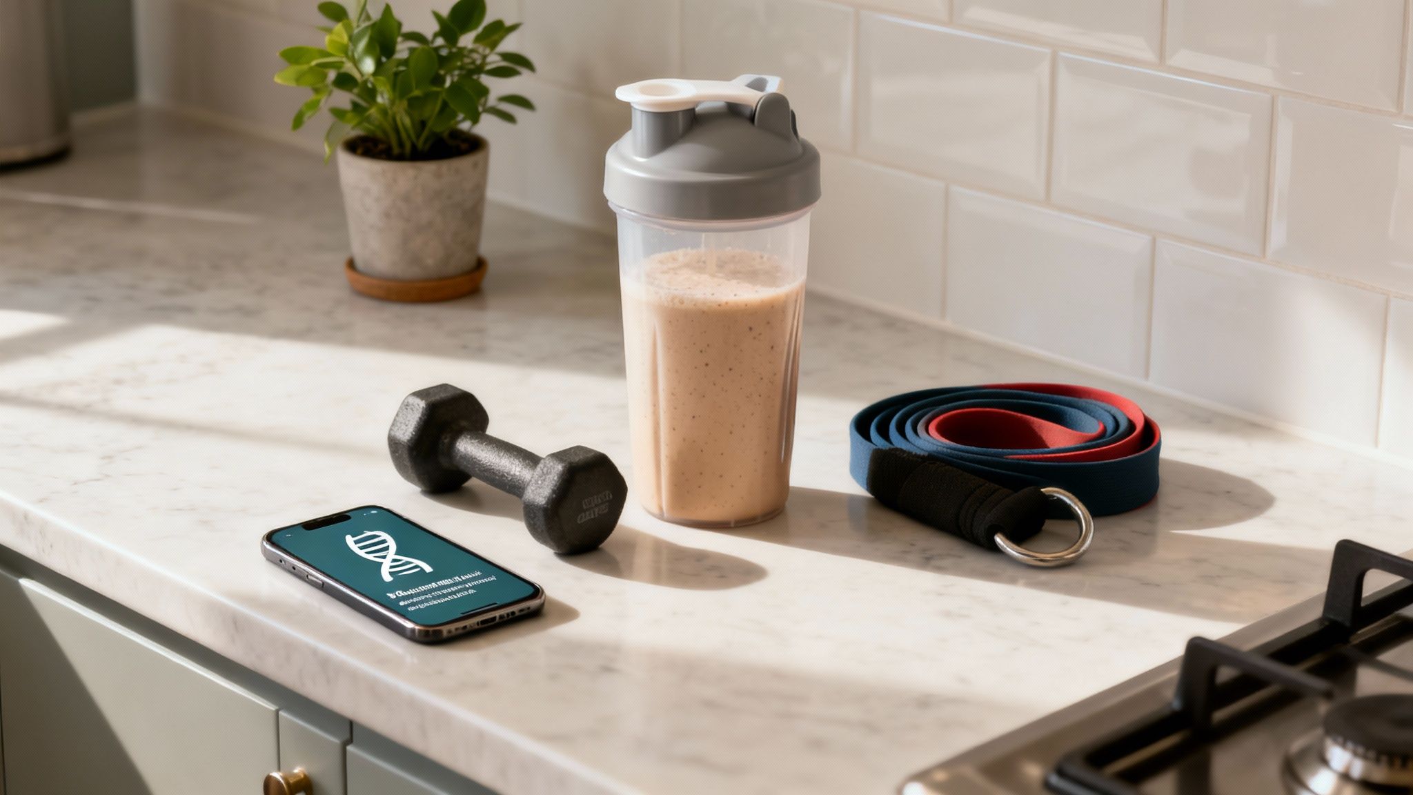 Küchenarbeitsplatte mit Hantel, Proteinshake, Widerstandsbändern und Smartphone mit DNA-Icon.