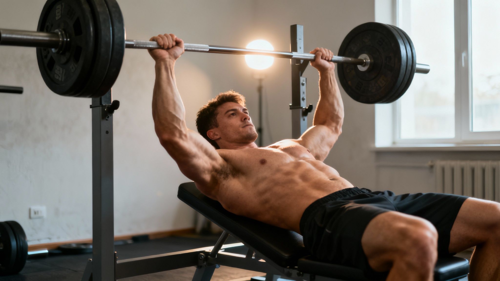 Eine Frau hebt eine schwere Hantel im Fitnessstudio und zeigt ihre Kraft, die durch Kreatin gesteigert wird.