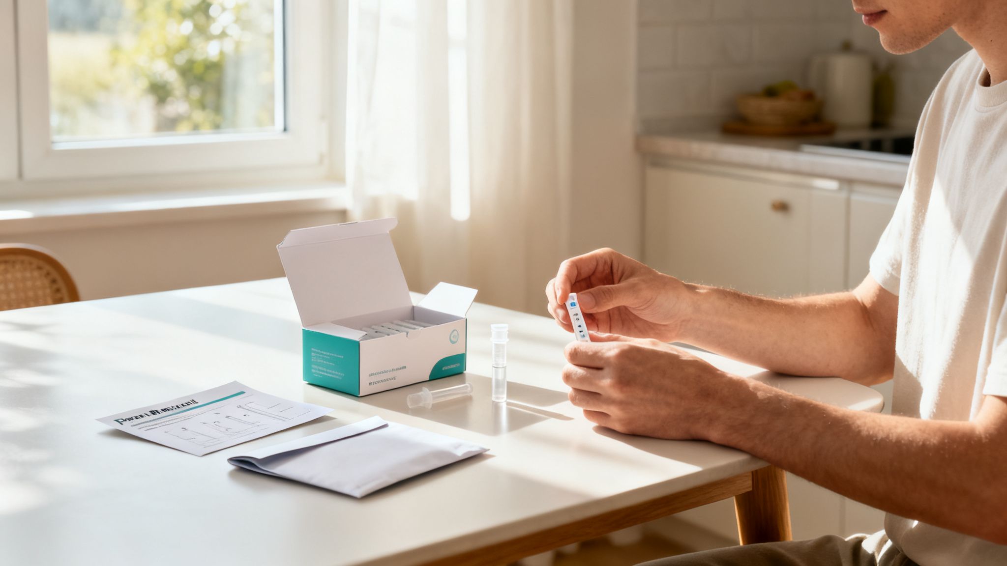 Mann führt zu Hause einen DNA-Test durch, indem er die Anleitung auf dem Tisch befolgt.