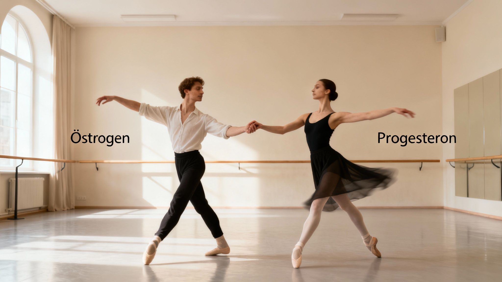 Zwei Balletttänzer, ein Mann und eine Frau, halten Händchen in einem hellen Tanzstudio mit der Beschriftung Östrogen und Progesteron.