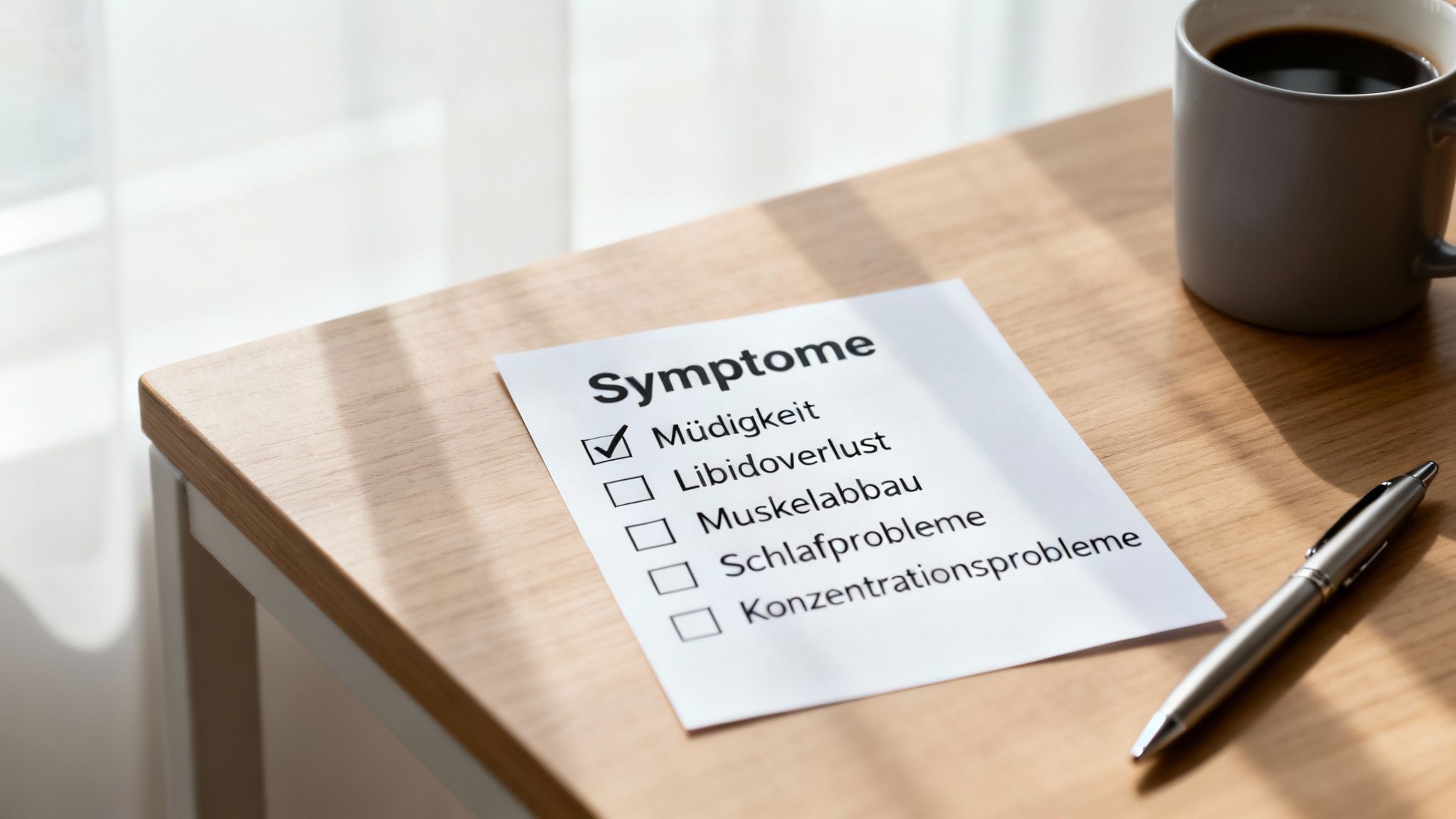 Eine Checkliste mit der Überschrift 'Symptome' auf einem Holztisch. 'Müdigkeit' ist angekreuzt, daneben ein Stift und Kaffee.