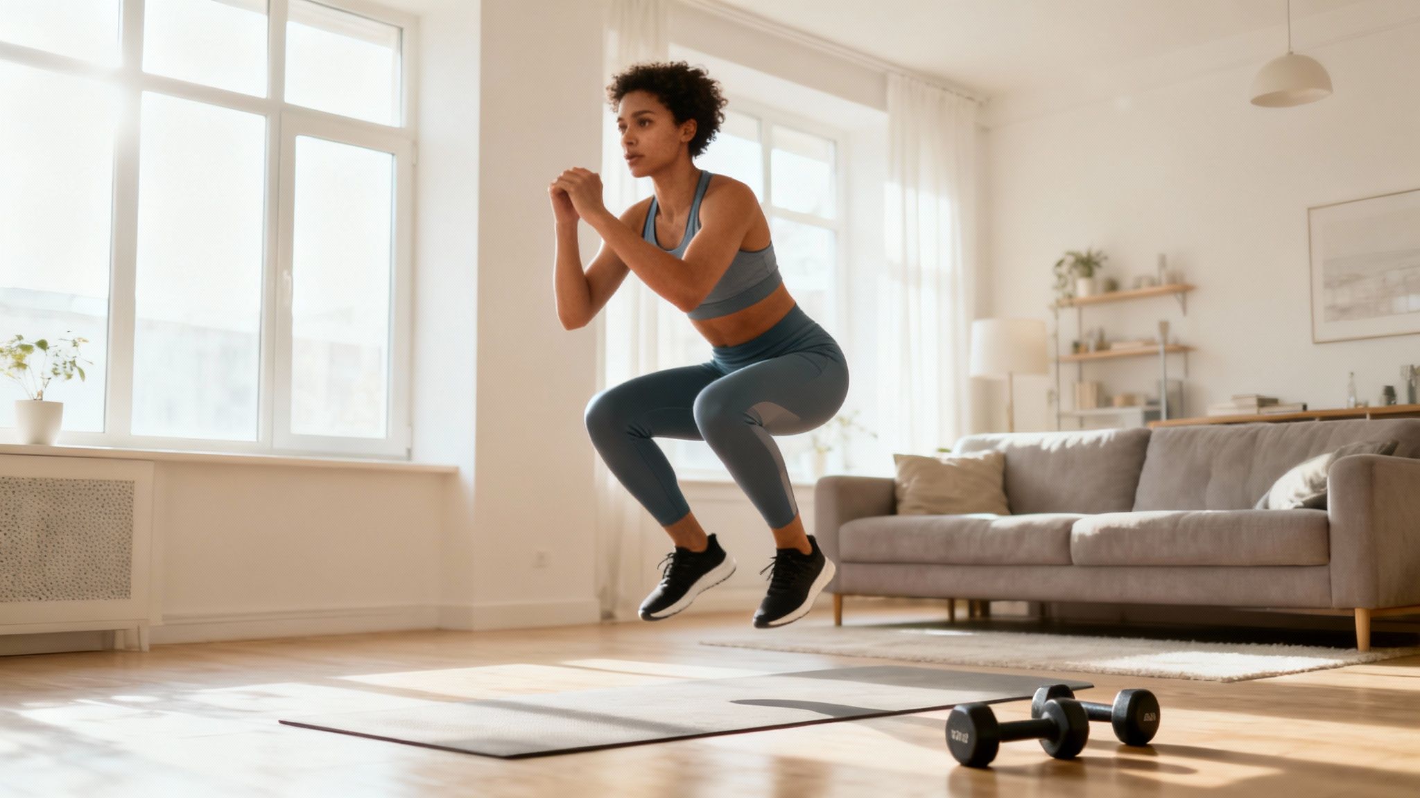 Eine Frau macht zu Hause Fitnessübungen