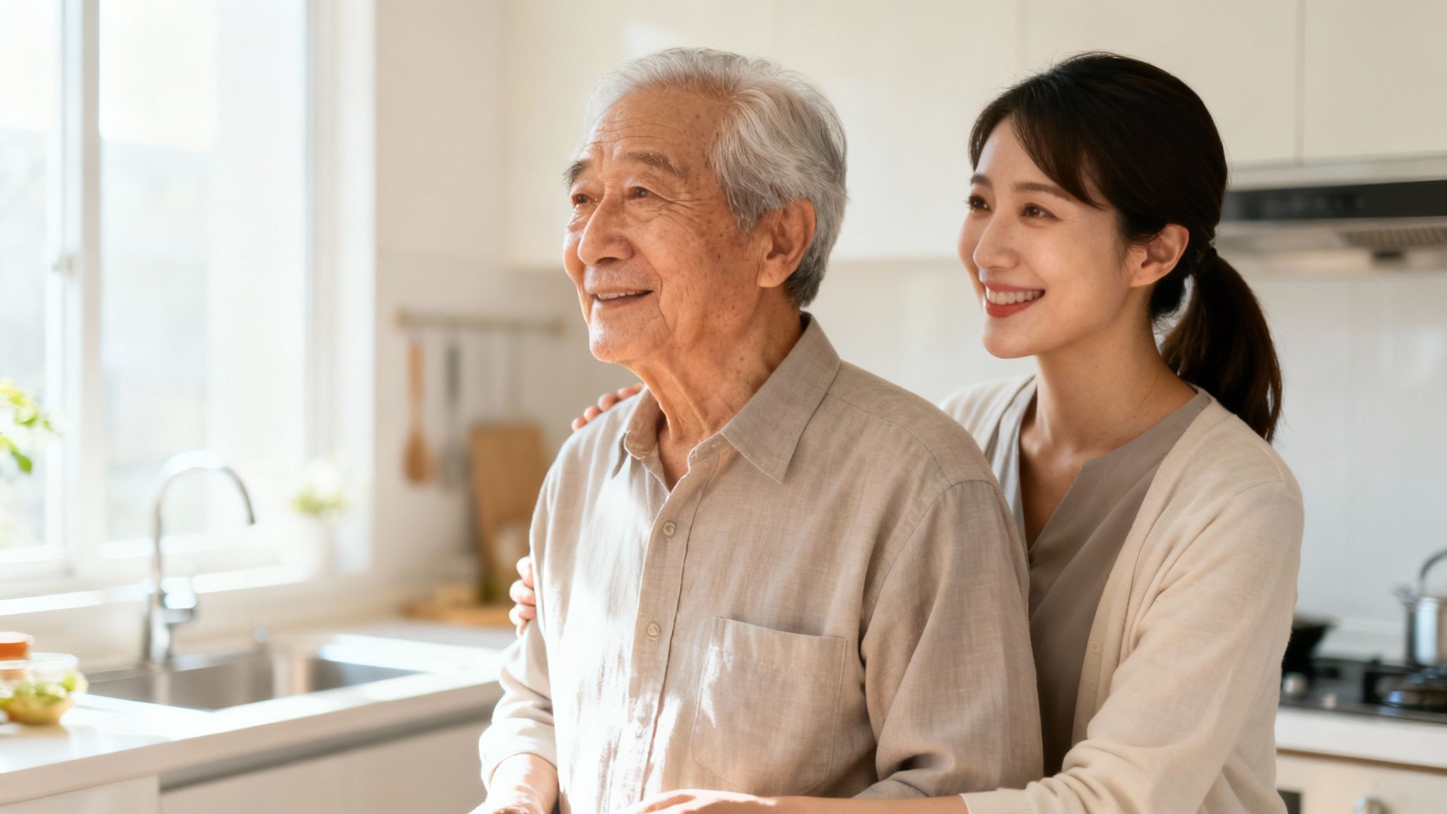 Lächelnder älterer Mann mit grauem Haar und jüngerer Frau im Arm in einer hellen Küche.