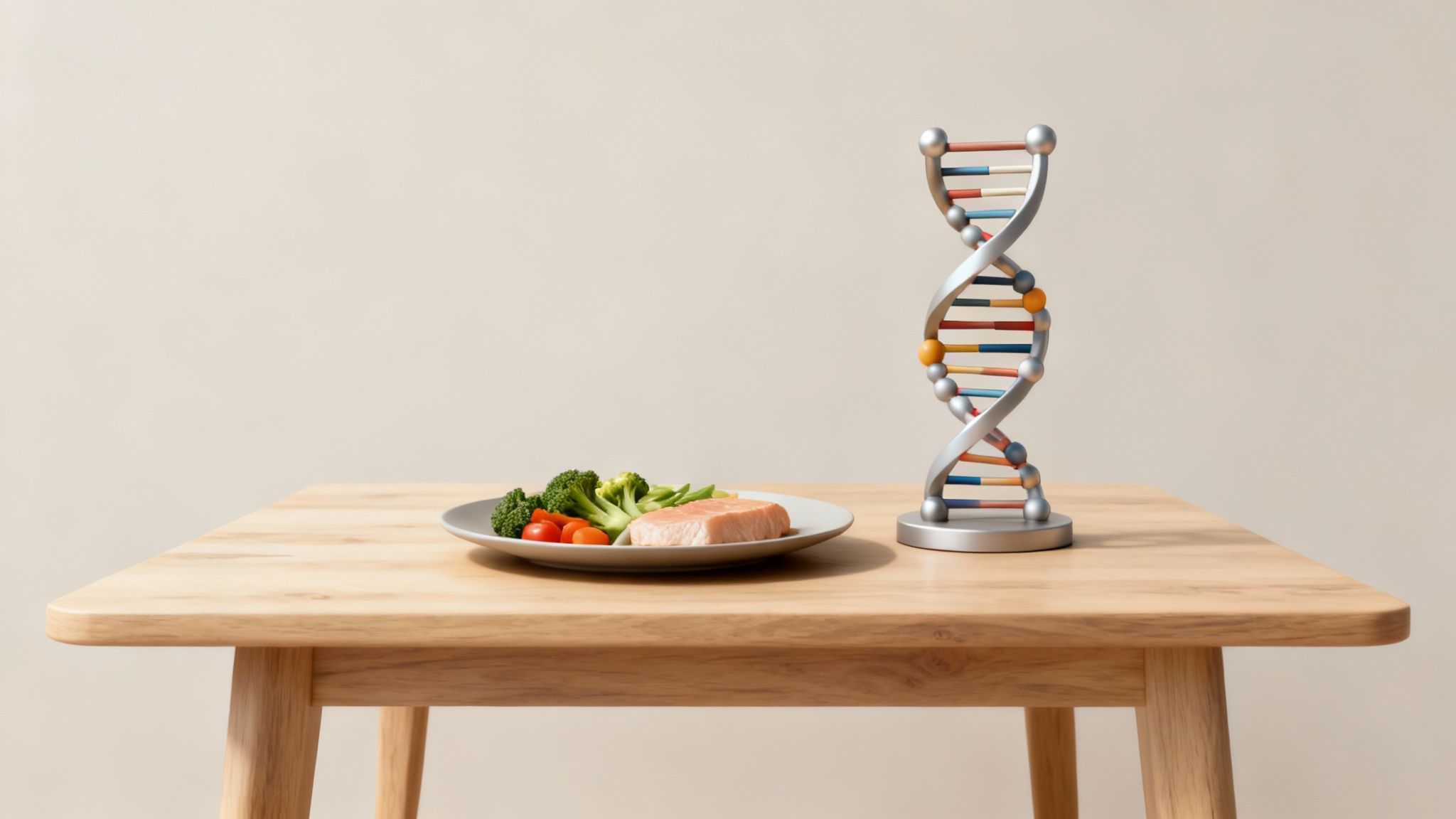 Eine Frau hält einen DNA-Testkit in der Hand, während sie in der Küche steht, umgeben von frischen Lebensmitteln.