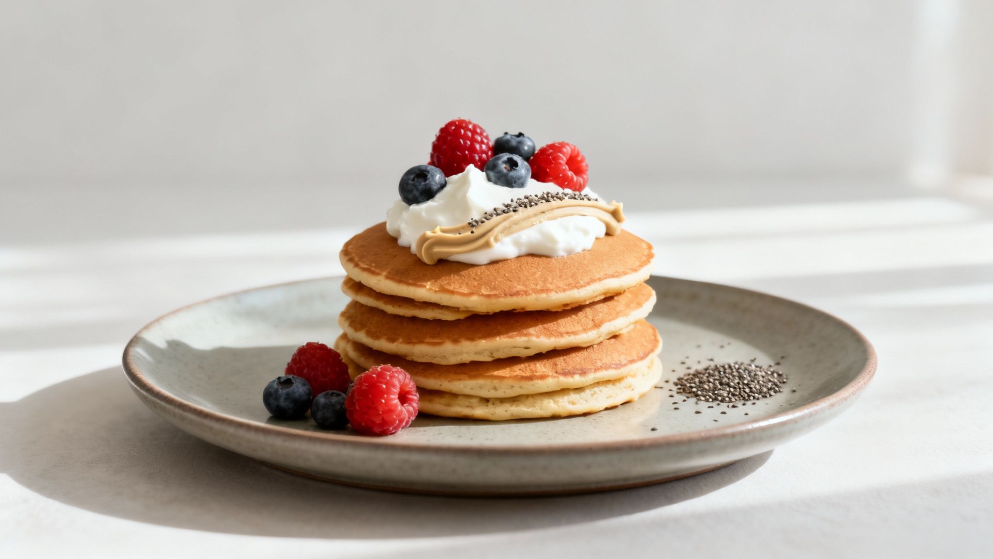 Ein kunstvoll angerichteter Stapel Bananen-Protein-Pancakes, garniert mit frischen Beeren, Nüssen und einem Spritzer Sirup.