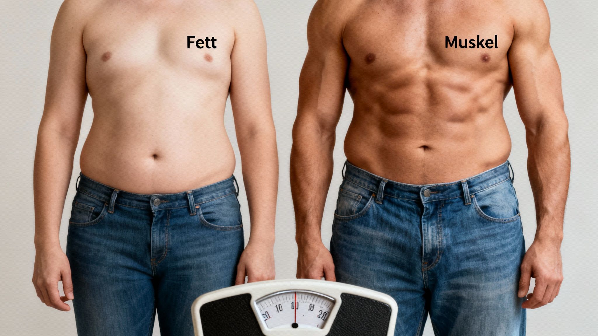 Zwei Männer, einer mit mehr Fett und einer muskulös, stehen vor einer Waage und zeigen den Unterschied zwischen Fett und Muskeln.