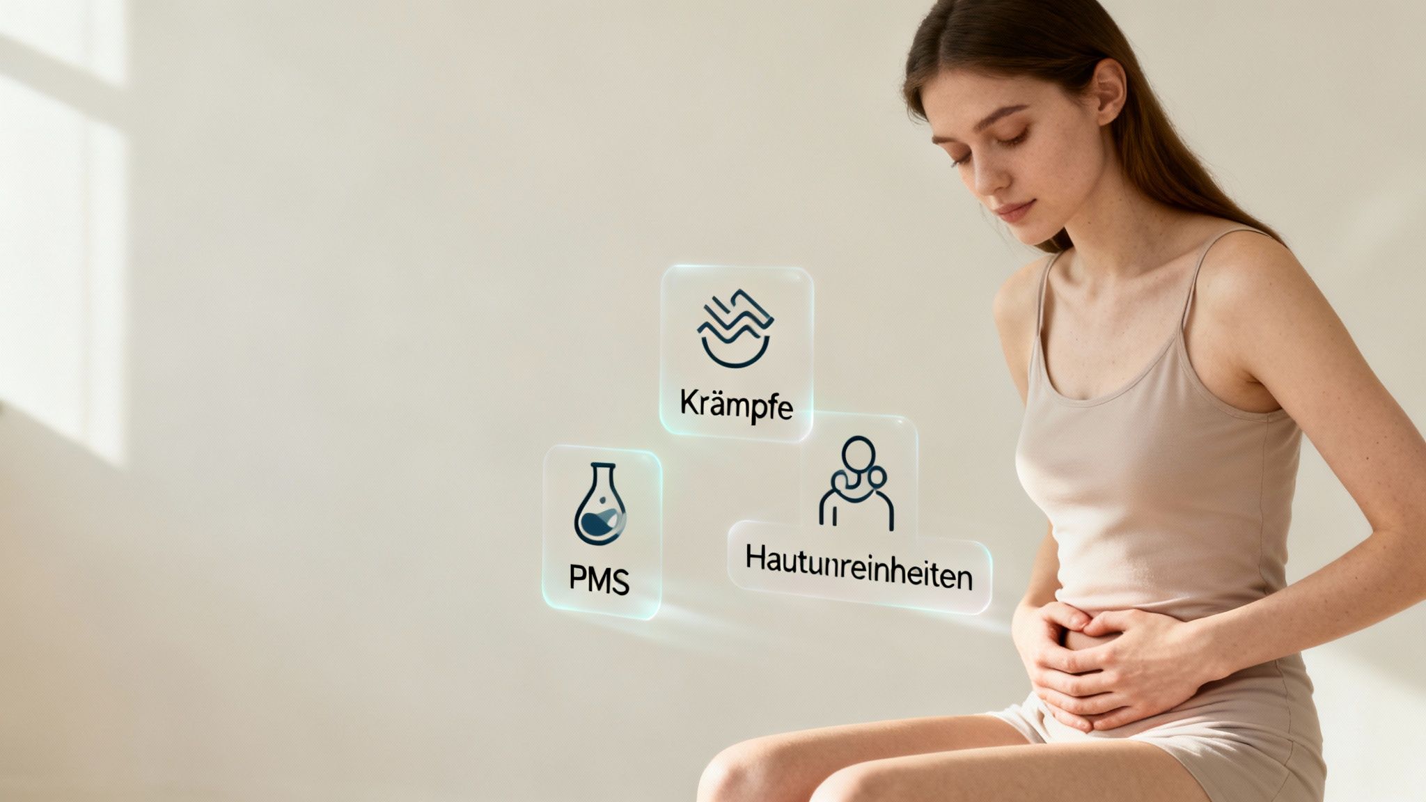 Junge Frau mit Bauchschmerzen und Symbolen für Krämpfe, PMS, Hautunreinheiten, die Menstruationsbeschwerden darstellen.