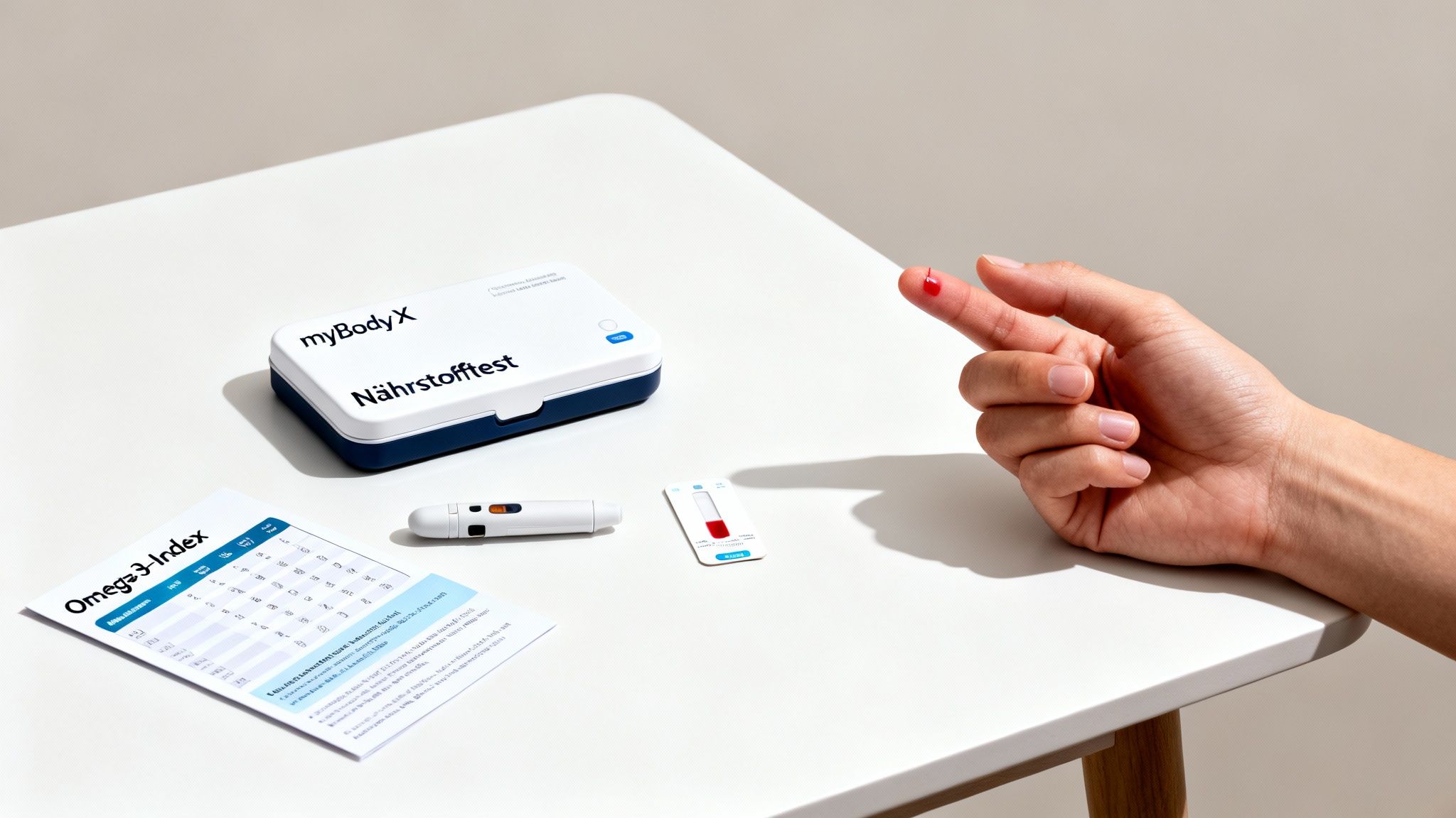 Eine Person entnimmt eine Blutprobe für einen myBodyX Nährstofftest, inklusive Omega-3-Index, auf einem weißen Tisch.