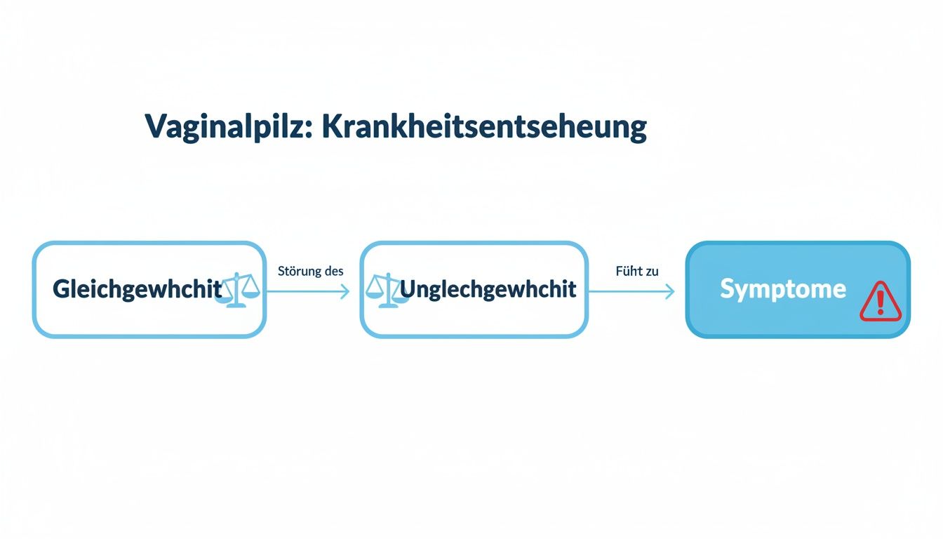 Diagramma di flusso che illustra lo sviluppo delle infezioni vaginali da lievito, mostrando il percorso dall'equilibrio allo squilibrio e alla comparsa dei sintomi.