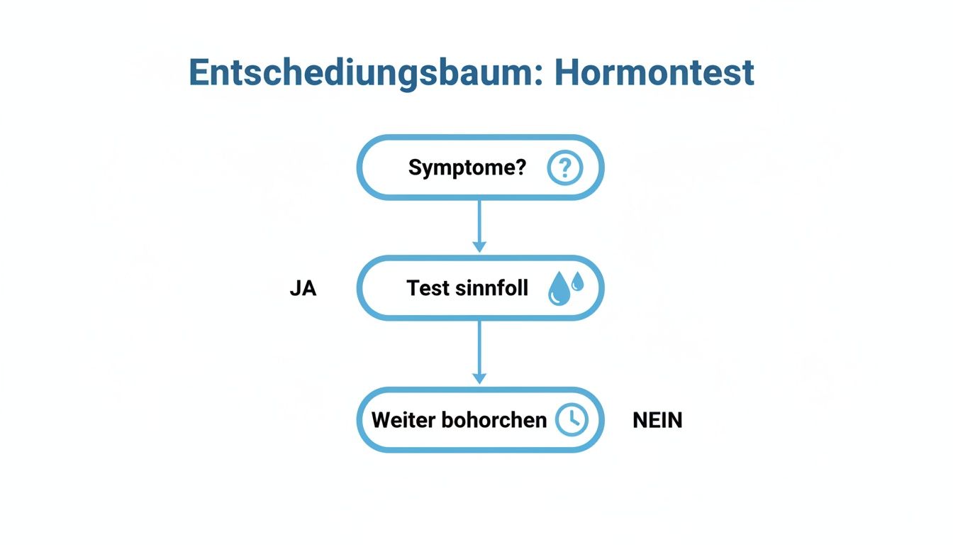 Entscheidungsbaum für einen Hormontest zur Beurteilung der Notwendigkeit bei Symptomen und weiteren Schritten.
