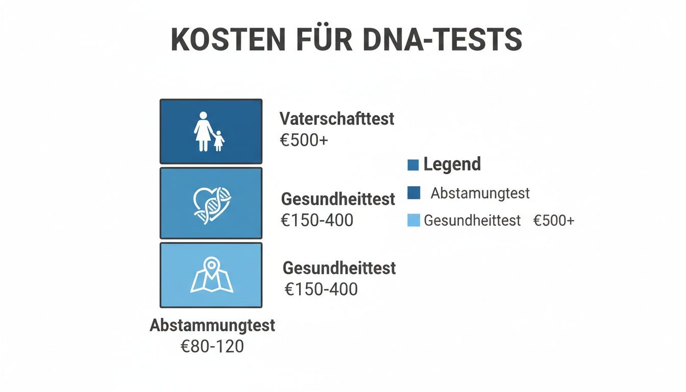 Übersicht der Kosten für verschiedene DNA-Tests, inklusive Vaterschafts-, Gesundheits- und Abstammungstests mit Preisspannen.