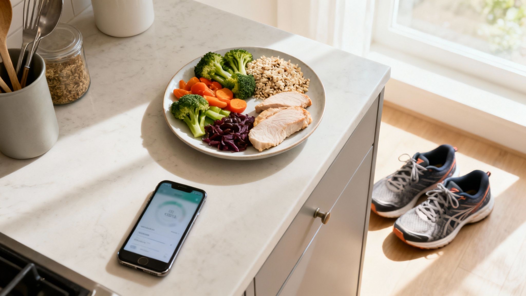 Gesunde Mahlzeit, Smartphone mit Fitness-App und Laufschuhe auf einer Küchenzeile.