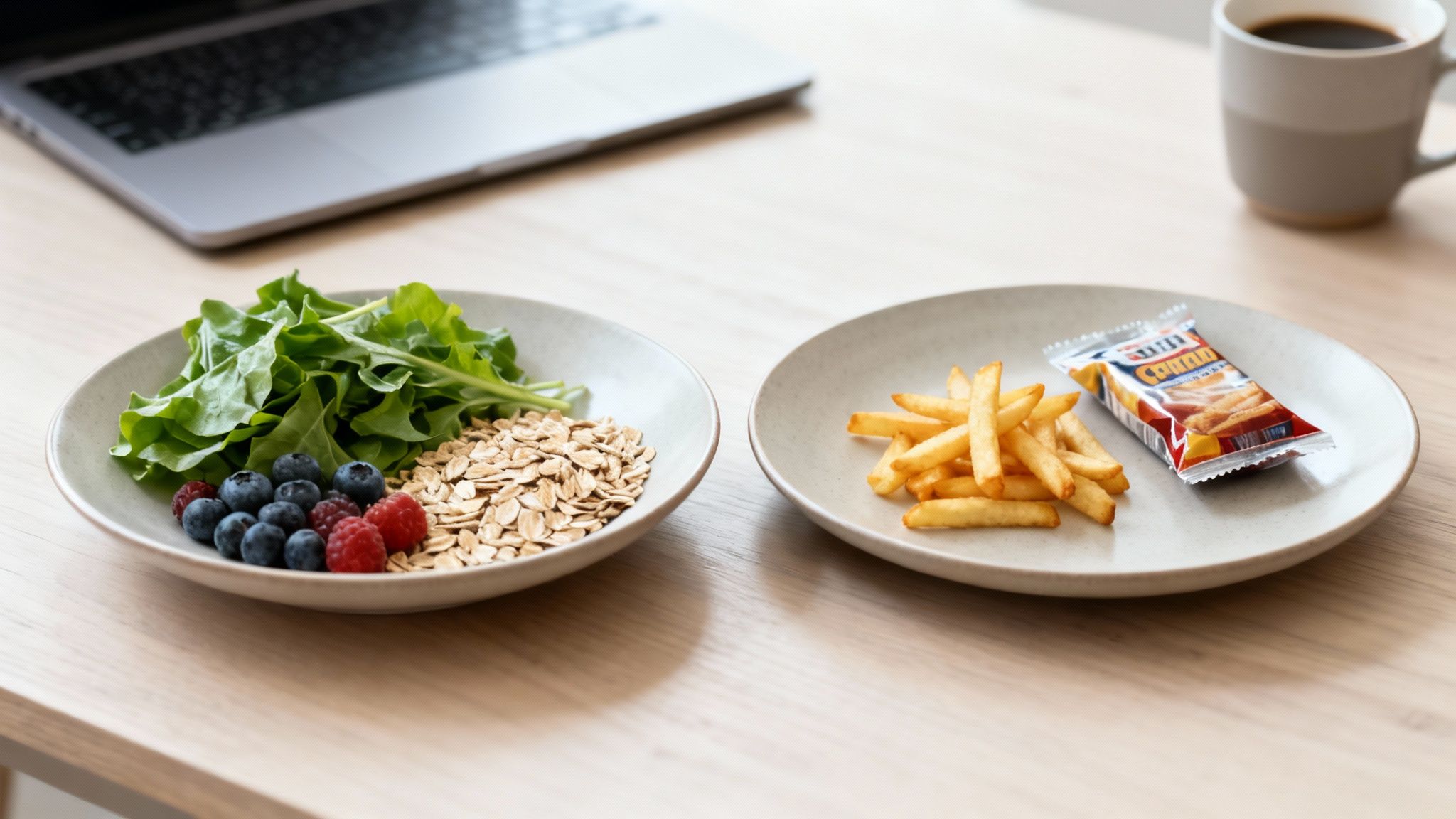 Deux assiettes de nourriture sur une table en bois, l'une avec des ingrédients sains, l'autre avec des frites et du ketchup.