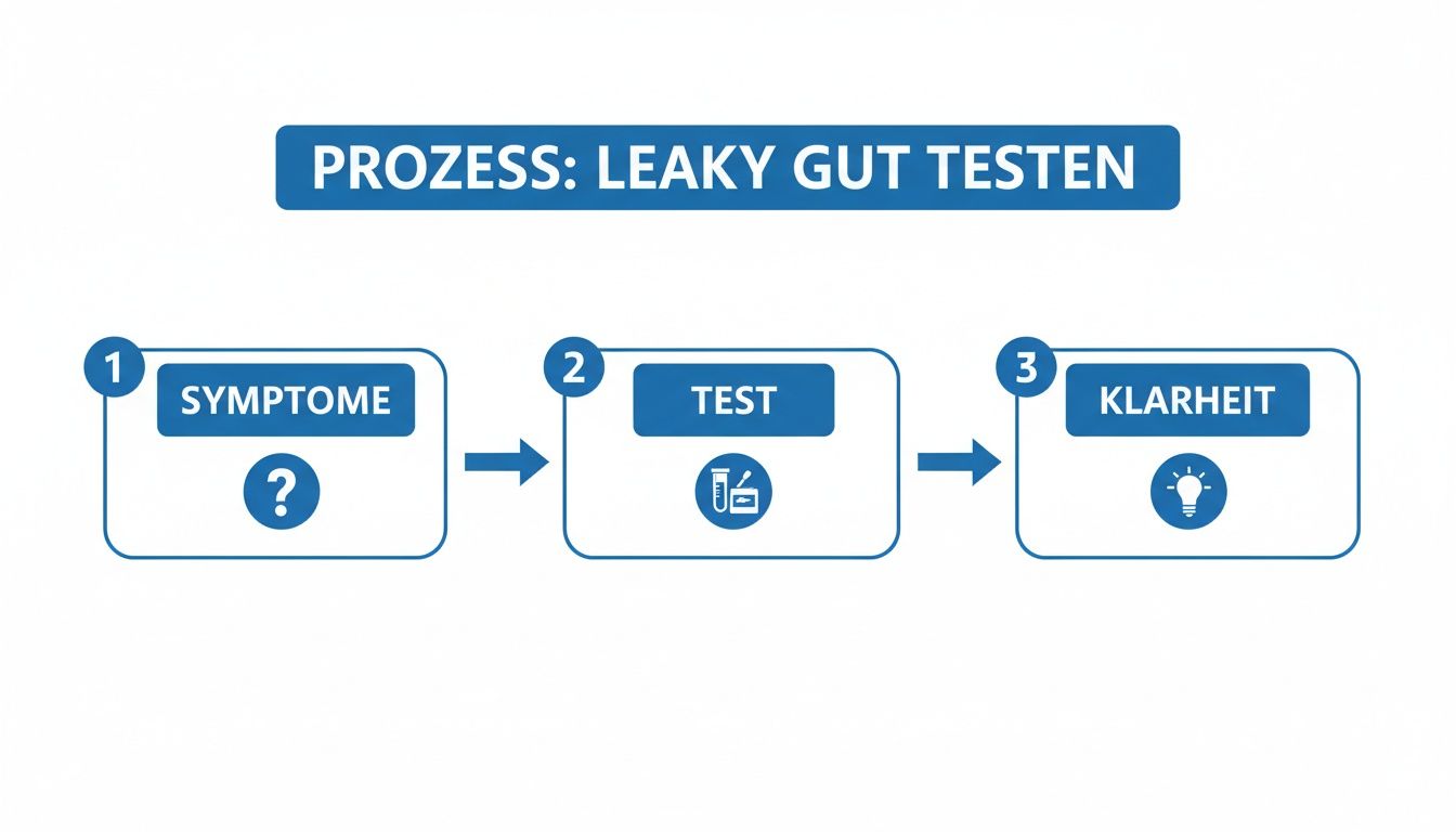 Diagramme de processus pour tester le Leaky Gut avec les étapes Symptômes, Test et Clarté.