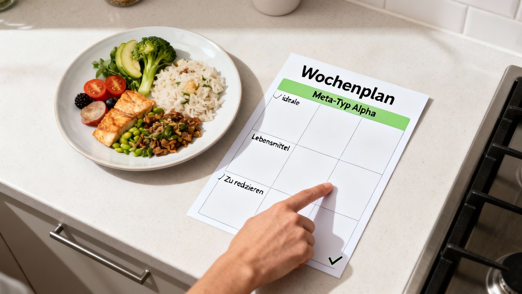 Gesundes Gericht mit Lachs, Reis, Gemüse und Obst neben einem Wochenplan für Meta-Typ Alpha.