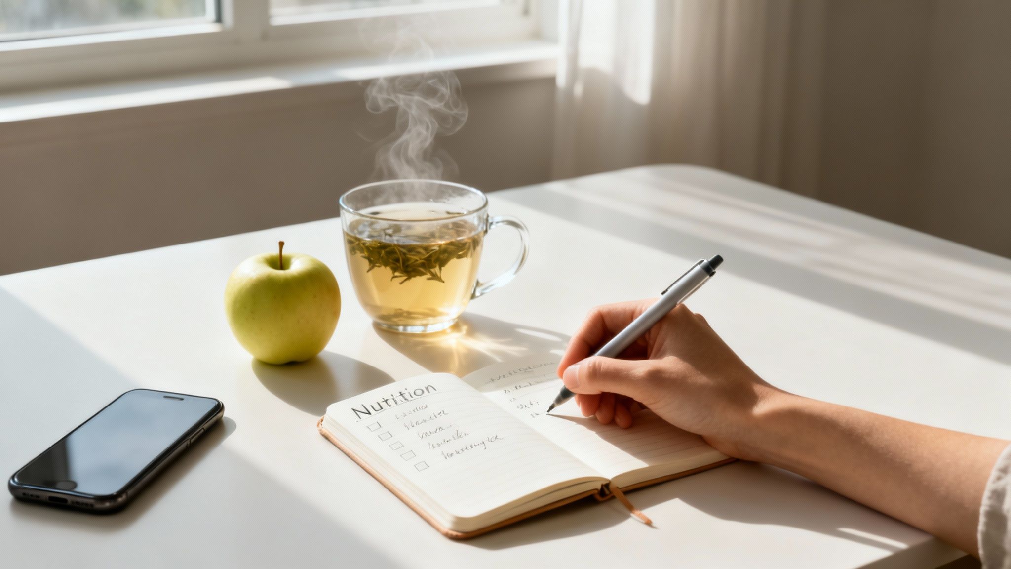 Eine Person schreibt achtsam in ein Notizbuch, um ihr Essverhalten zu reflektieren.