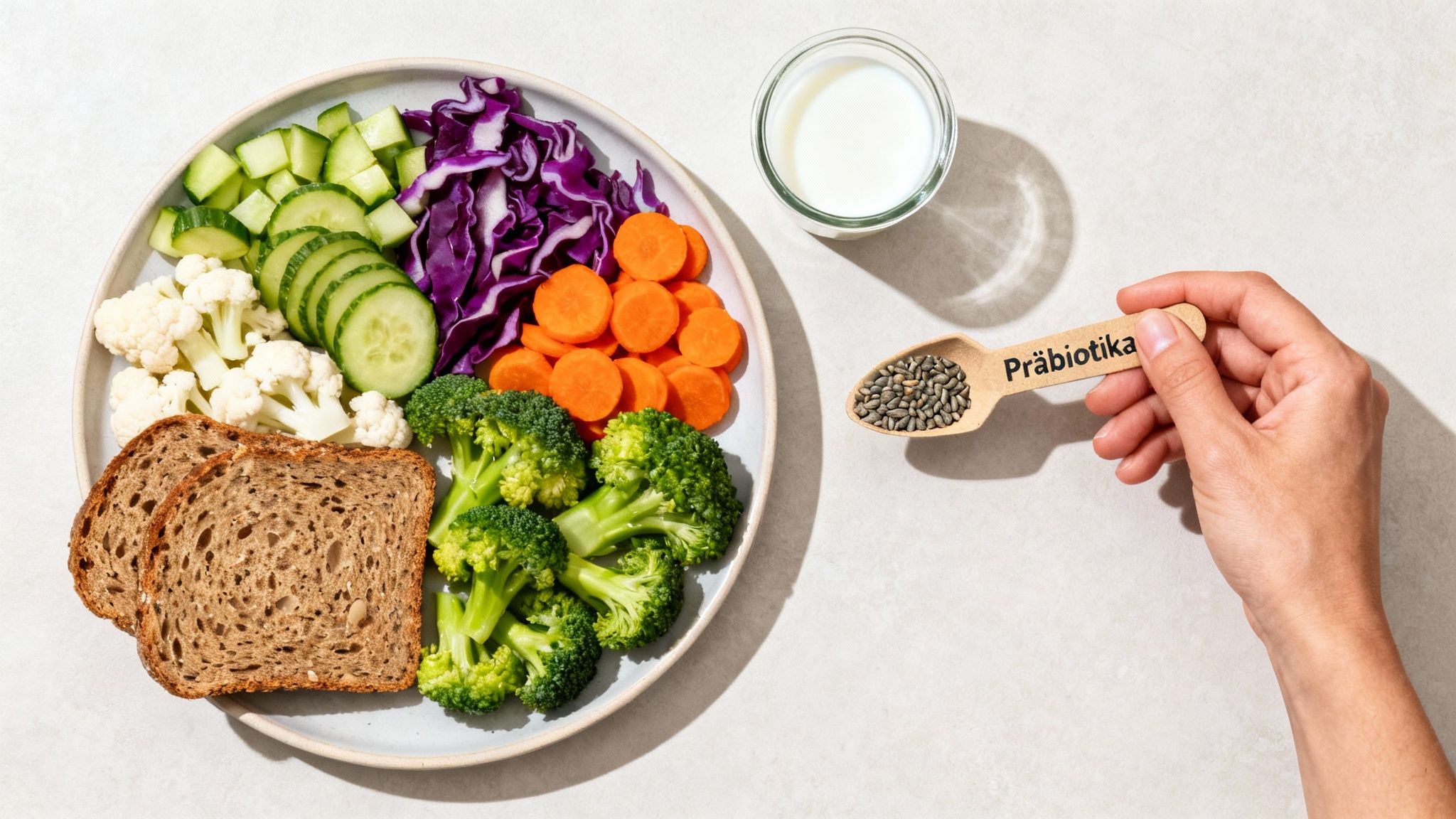 Gesunde Mahlzeit mit viel Gemüse, Vollkornbrot, Milch und einem Löffel Präbiotika für die Darmflora.