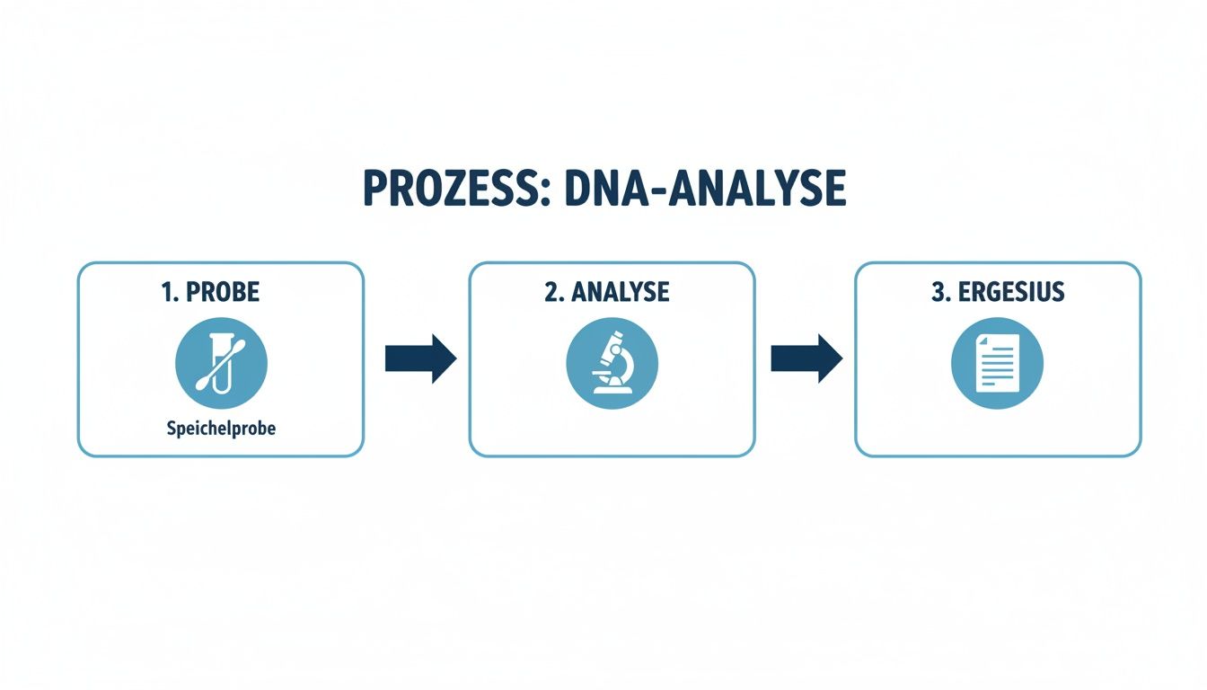 Infografik, die den dreistufigen Prozess der DNA-Analyse darstellt: Speichelprobeentnahme, Laboranalyse und Ergebnisbereitstellung.