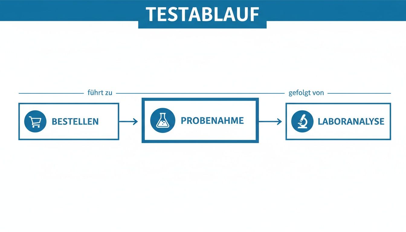 Il diagramma di flusso illustra la procedura di test con le seguenti fasi: ordinazione, prelievo del campione e analisi di laboratorio.