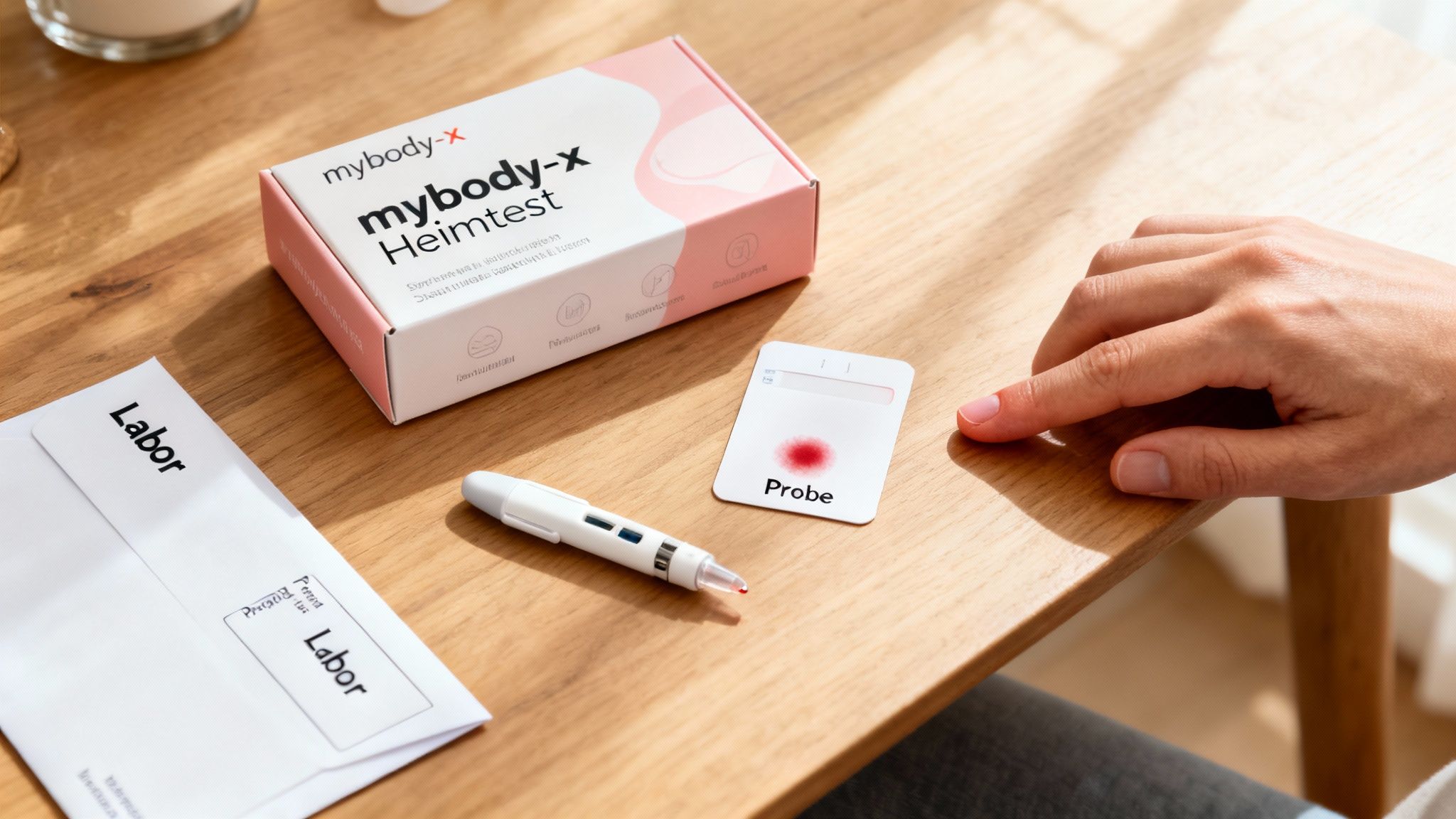 Eine Person führt einen Mybody-x Heimtest durch, entnimmt eine Blutprobe für das Labor.