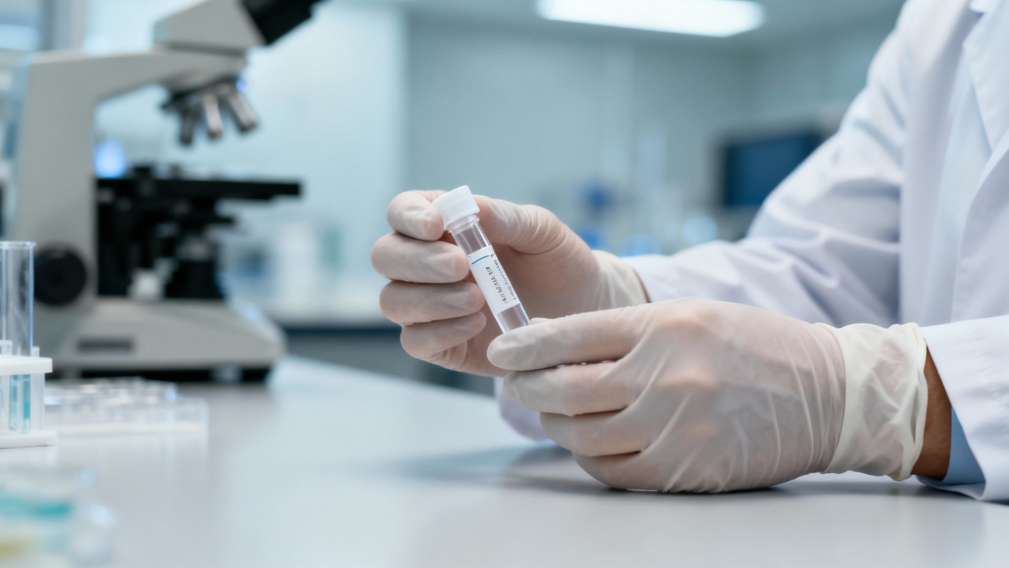 Wissenschaftler in weißen Handschuhen hält ein Probenröhrchen mit Mikroskop im modernen Labor.