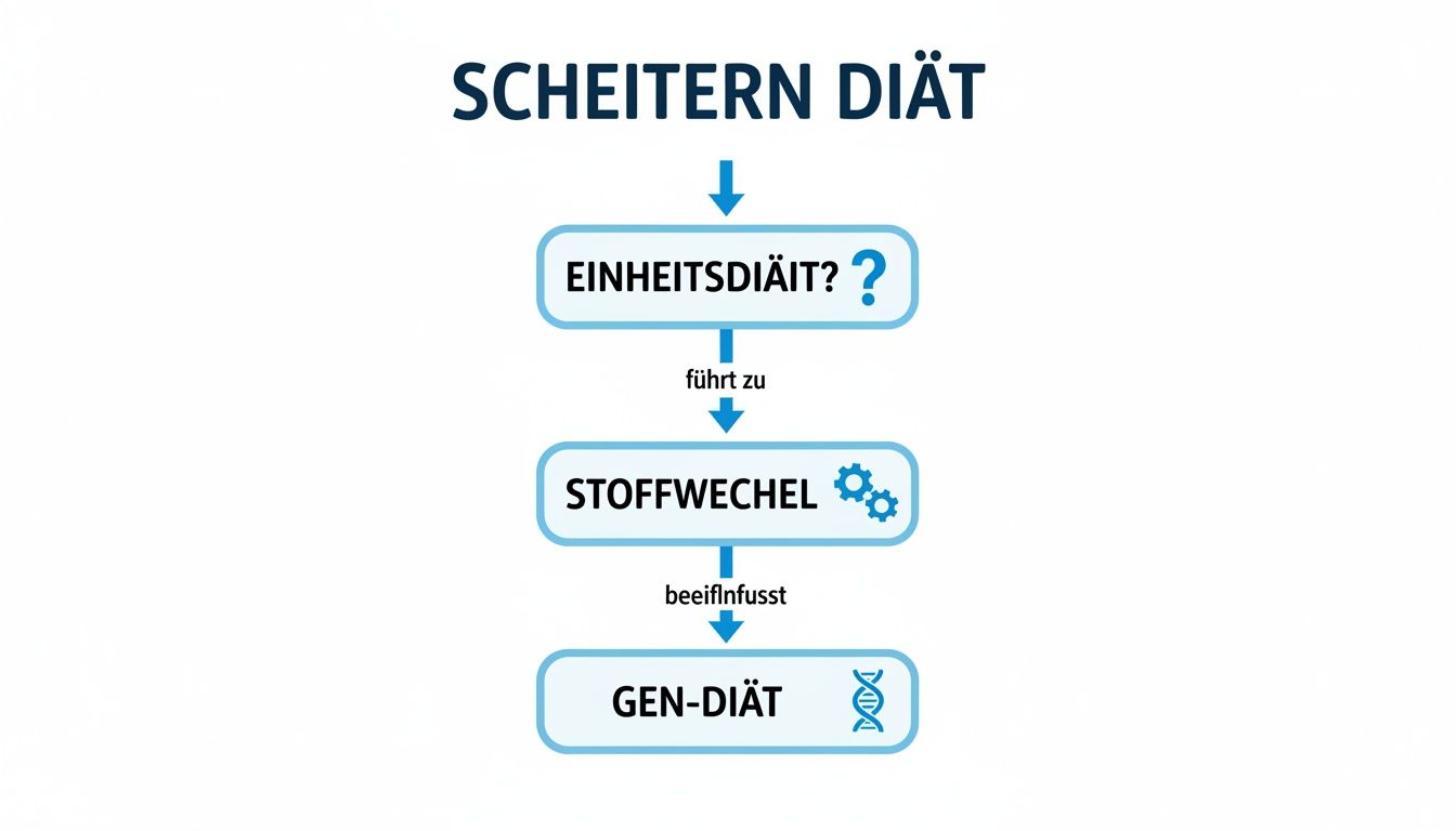 Flussdiagramm zum Scheitern von Diäten, das den Weg von der Einheitsdiät über den Stoffwechsel zur Gendiät aufzeigt.