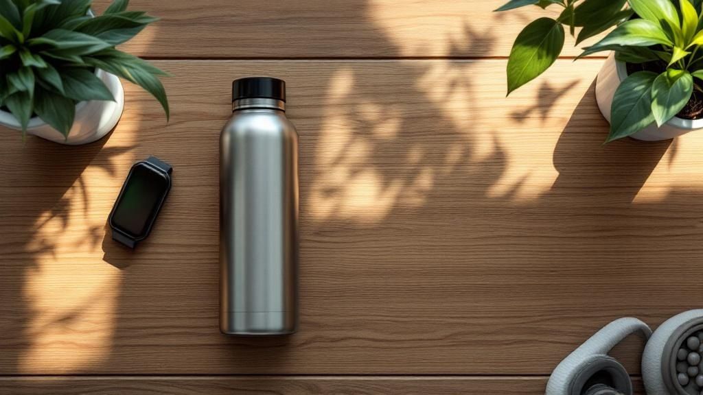 Eine Frau bereitet einen gesunden, proteinreichen Salat in ihrer Küche zu, mit einem Shaker und Fatburner-Kapseln im Hintergrund.