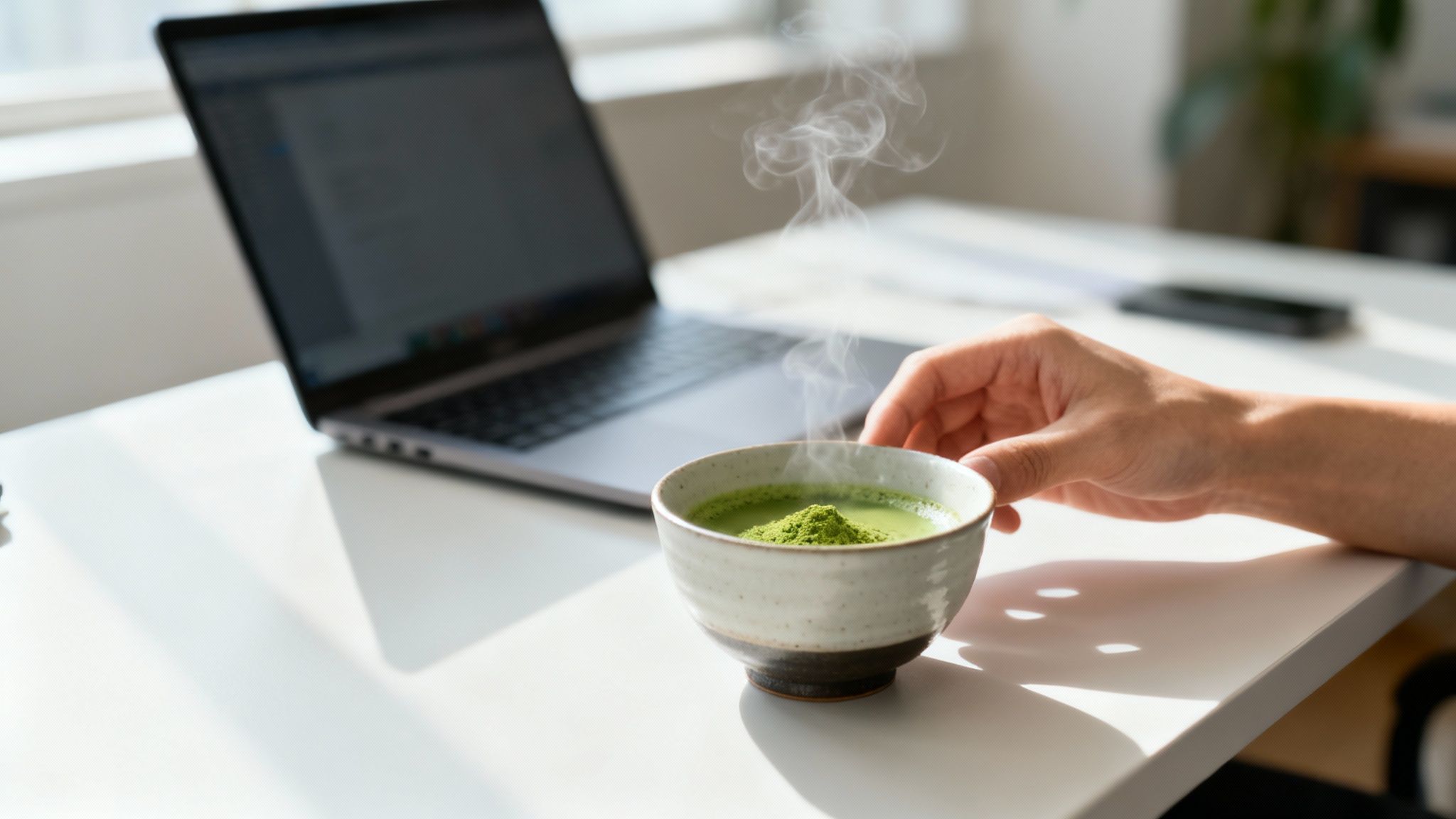 Eine Person hält eine Tasse Matcha-Tee in den Händen