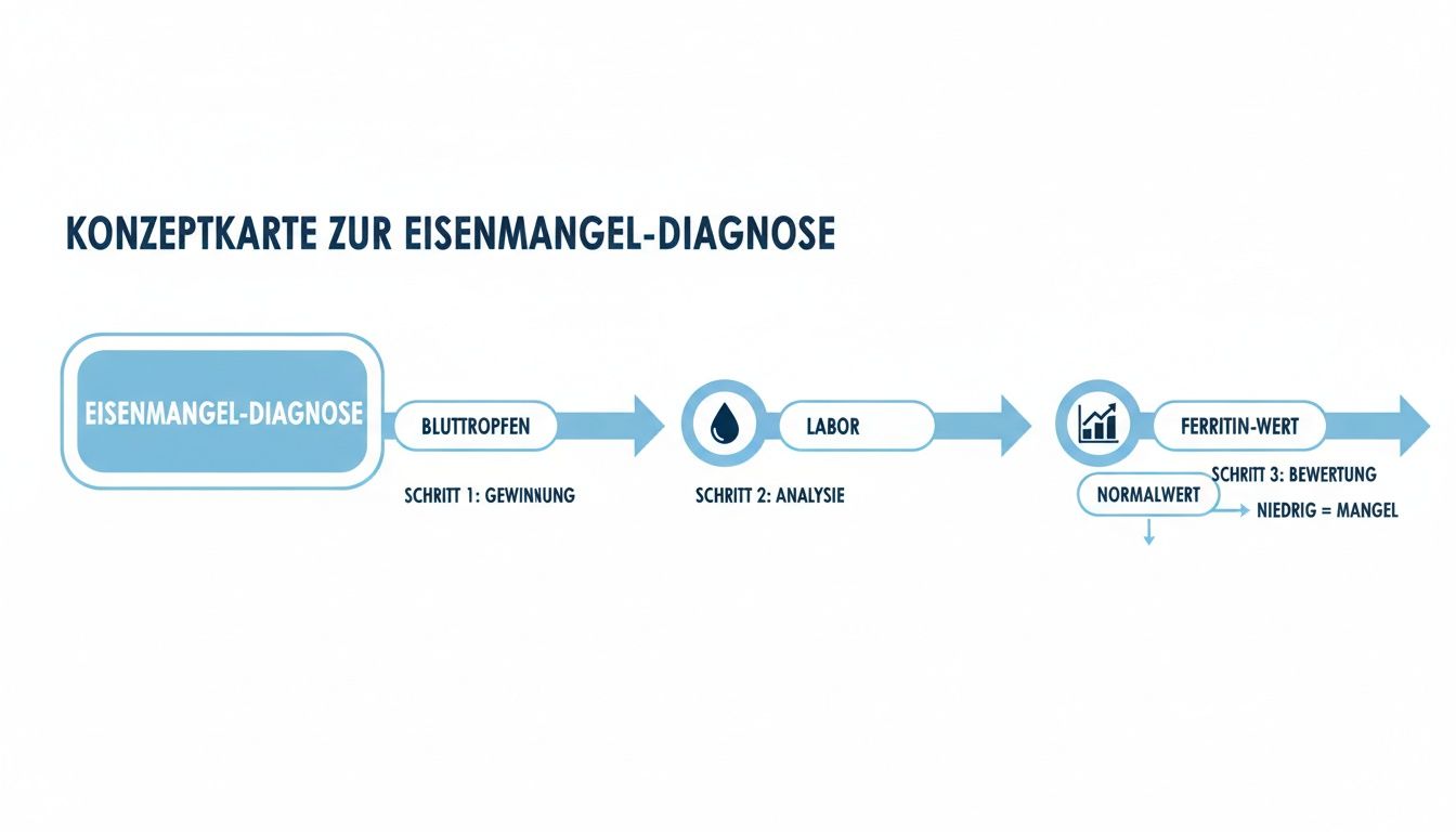 Konzeptkarte zur Eisenmangel-Diagnose, die den Prozess von Blutgewinnung, Laboranalyse und Bewertung des Ferritinwerts zeigt.