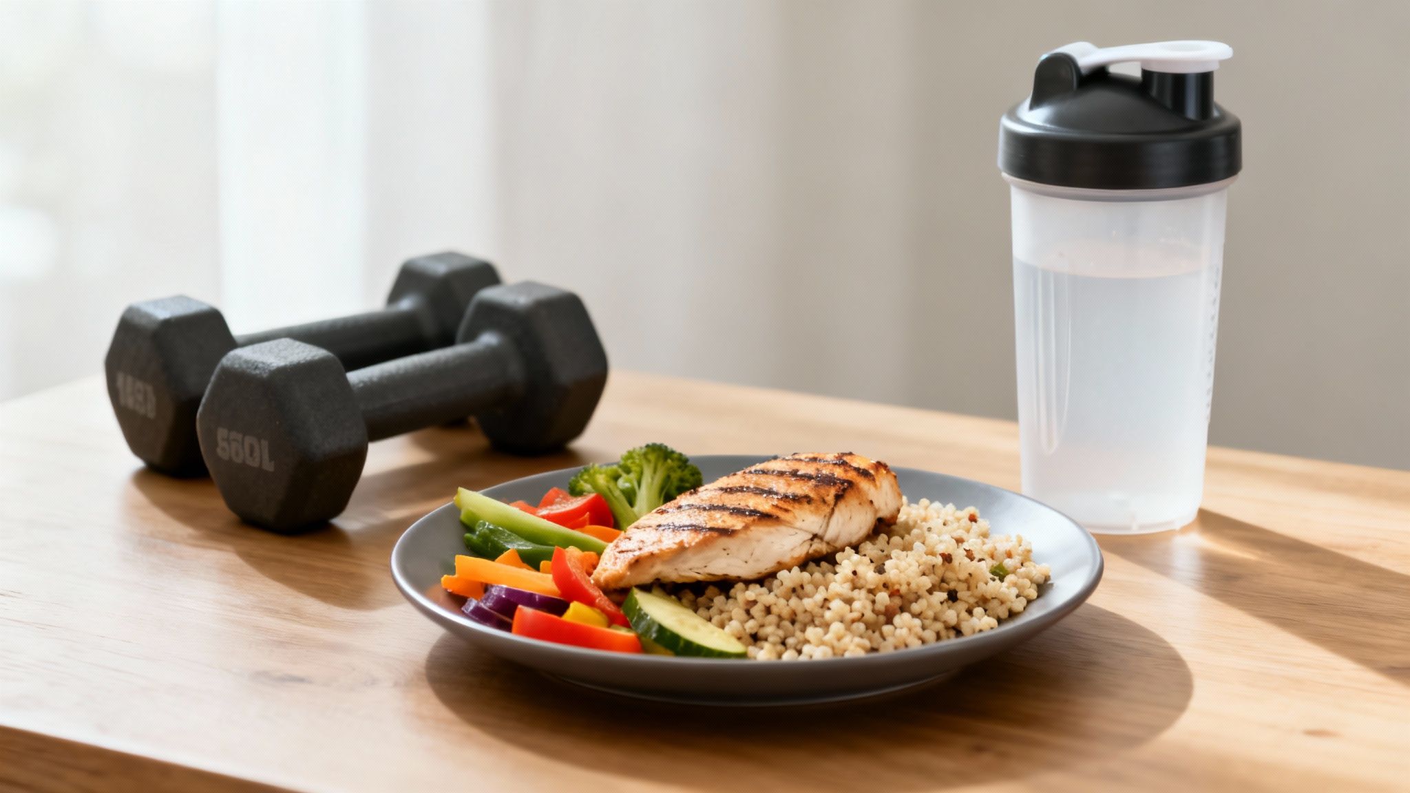 Eine fitte Frau in Sportkleidung bereitet eine gesunde Mahlzeit in einer modernen Küche zu.