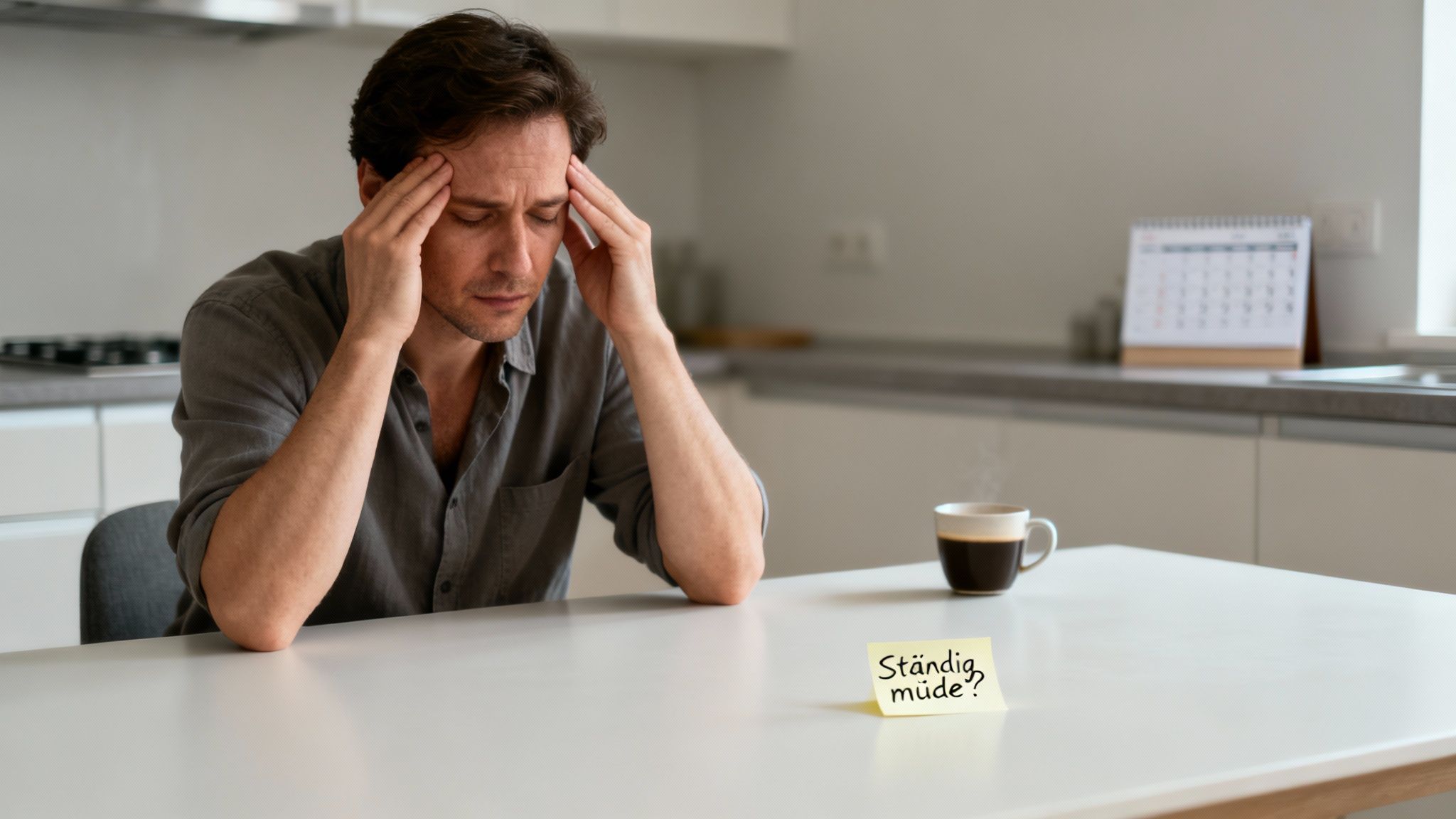 Ein müder Mann sitzt am Tisch und hält den Kopf in den Händen. Auf einem Post-it steht 'Ständig müde?' neben einer Tasse Kaffee.