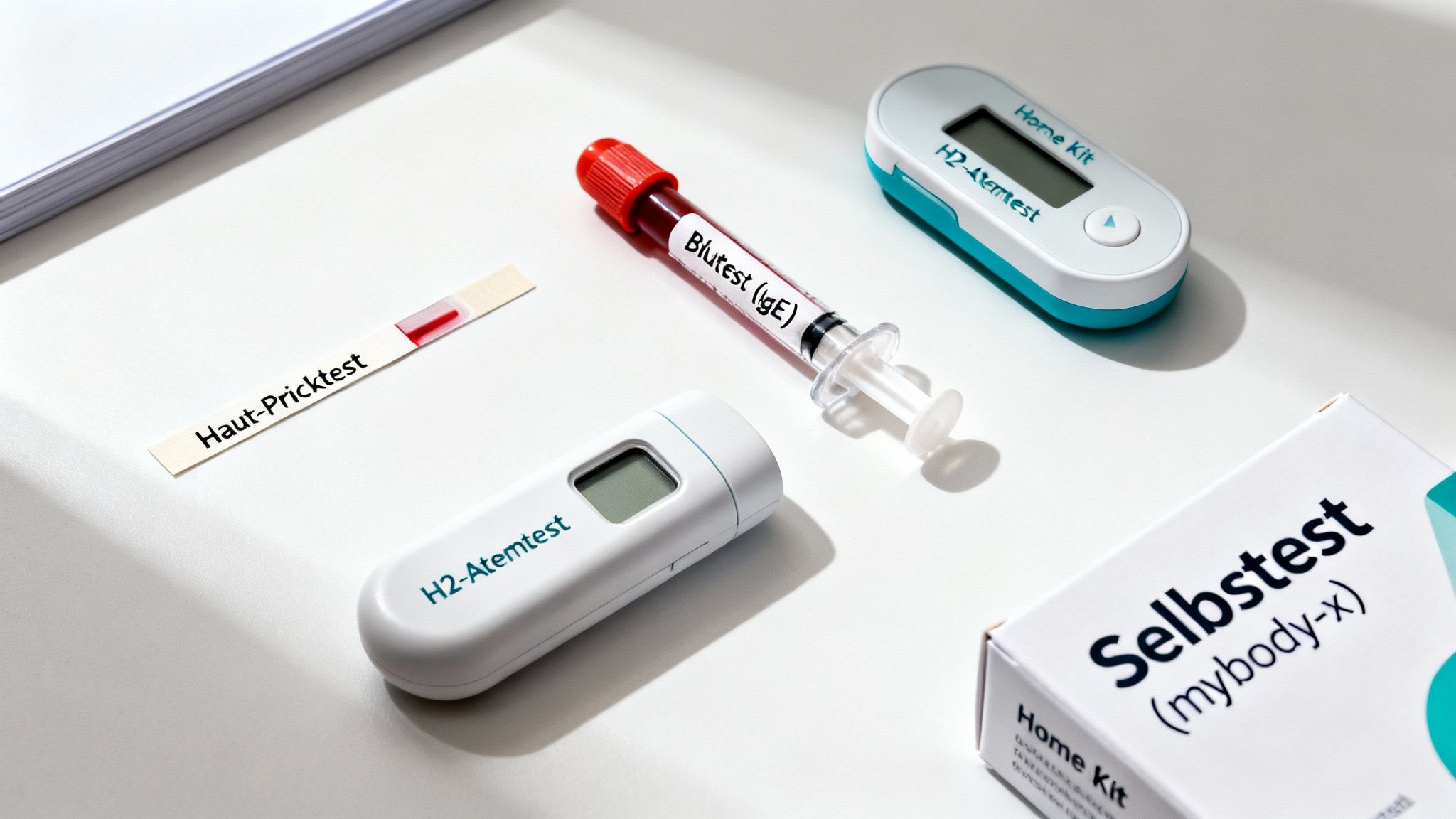 Verschiedene medizinische Heimtest-Kits wie Haut-Pricktest, Bluttest und H2-Atemtest auf weißem Hintergrund.
