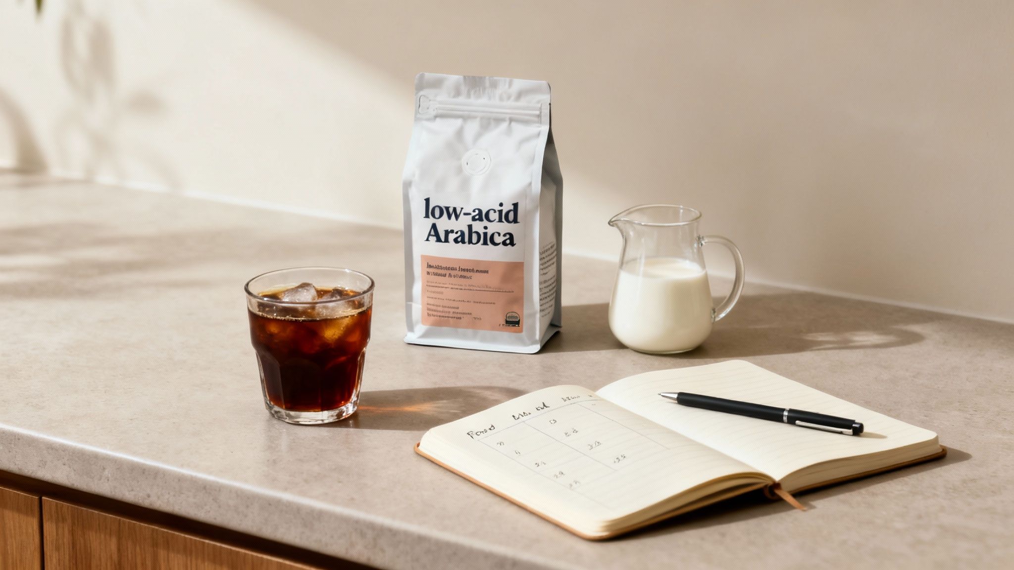 Eine Person bereitet sorgfältig einen Cold Brew Kaffee zu, was eine schonende und verträgliche Methode darstellt.