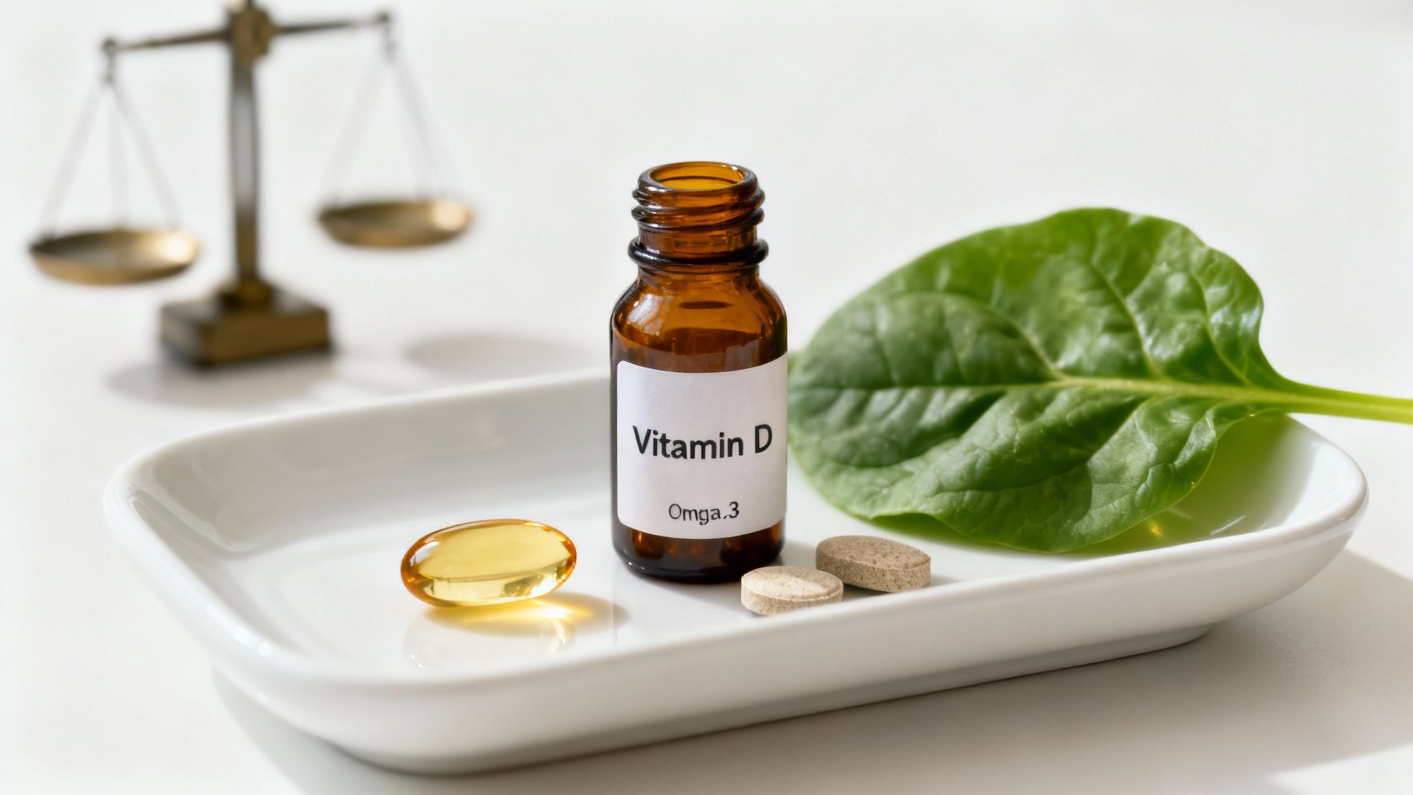 Eine Nahaufnahme von verschiedenen Vitaminpillen und Nahrungsergänzungsmitteln, die über einen Tisch verstreut sind und eine ausgewogene Ernährung symbolisieren.