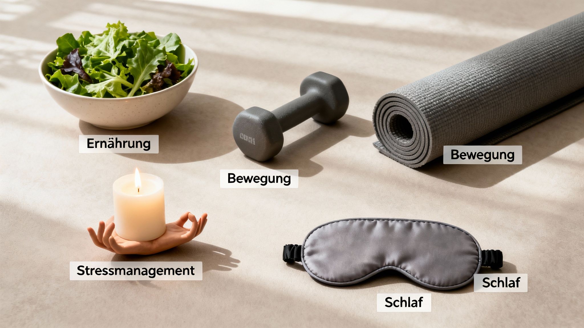 Verschiedene Elemente für ein gesundes Leben: Salat, Hantel, Yogamatte, Kerze für Stressmanagement und Schlafmaske.