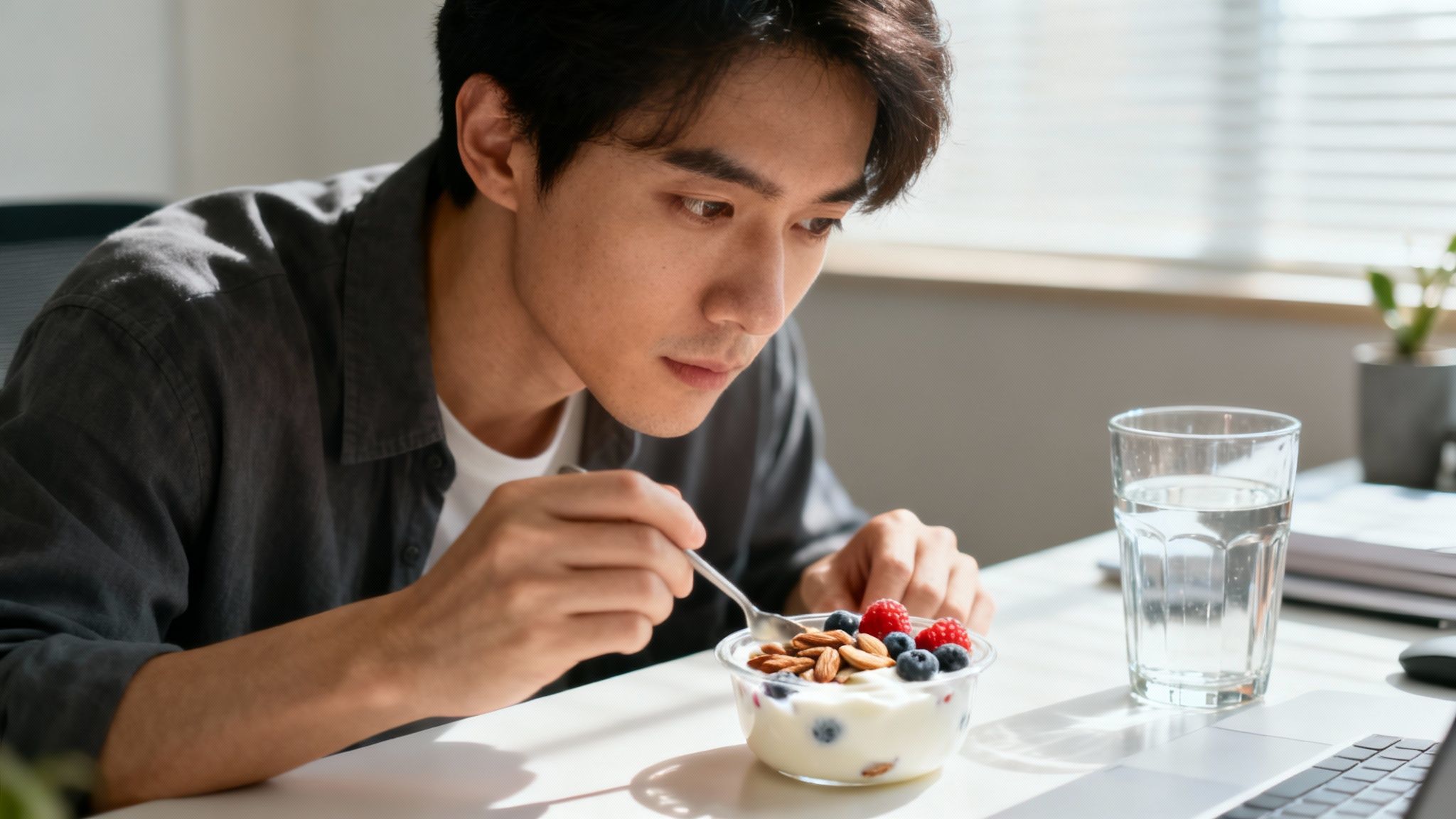 Junger Mann isst gesundes Frühstück mit Joghurt, Nüssen und frischen Beeren am Schreibtisch